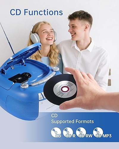 Miniatura 3 de Boombox - Reproductor de CD con Bluetooth y reproductor de cassette, radio AMFM portátil, entrada MP3USBAUX, sistema de sonido estéreo con