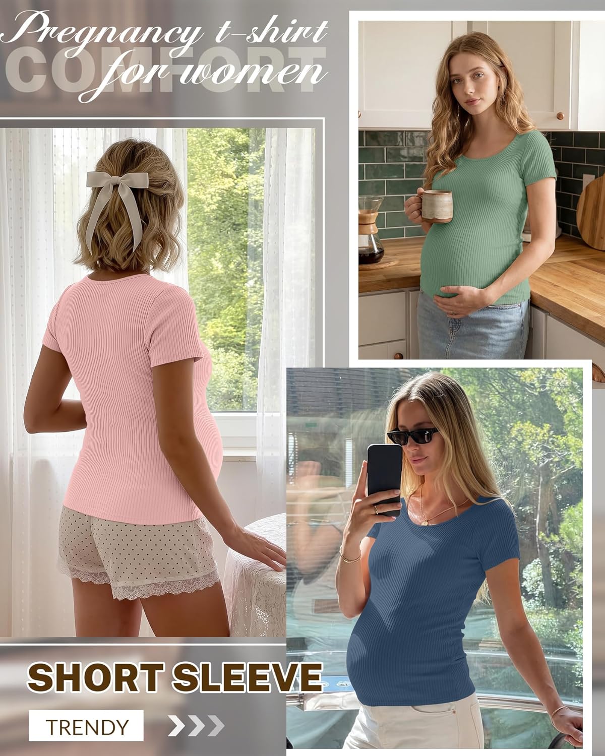 Neer 3 Pack Women's Ribbed Maternity Tops Pregnancy Round Neck Shirts Short Sleeve Soft Maternity Clothes for Mama