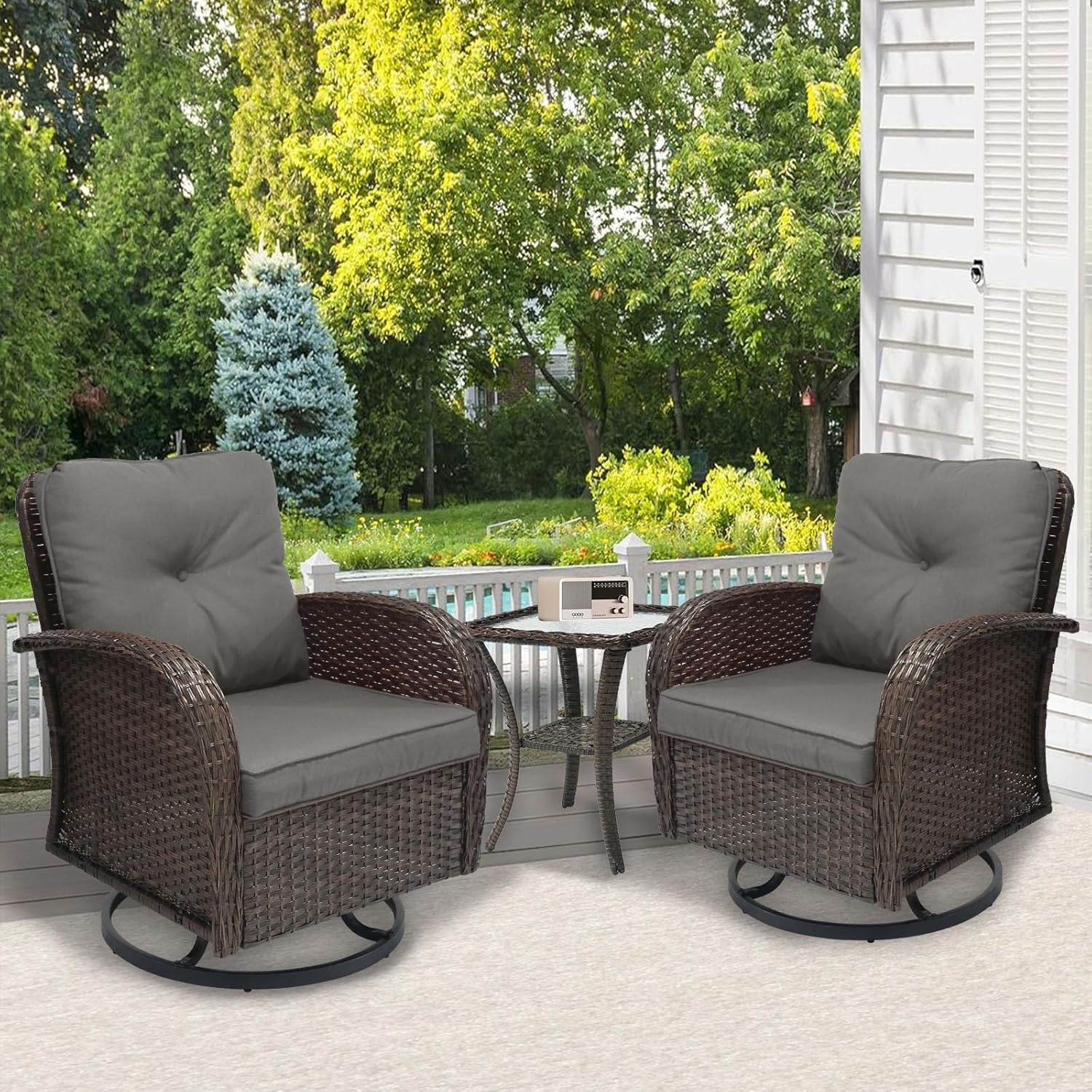 SHGJ&SOFT 3 Piece Patio Furniture Set, 2 Outdoor Swivel Rocking Chairs with Side Table, Wicker Glider Chairs, All-Weather Rattan Bistro Set for Porch, Deck, Pool (Grey, Brown Full-Weave Rattan)
