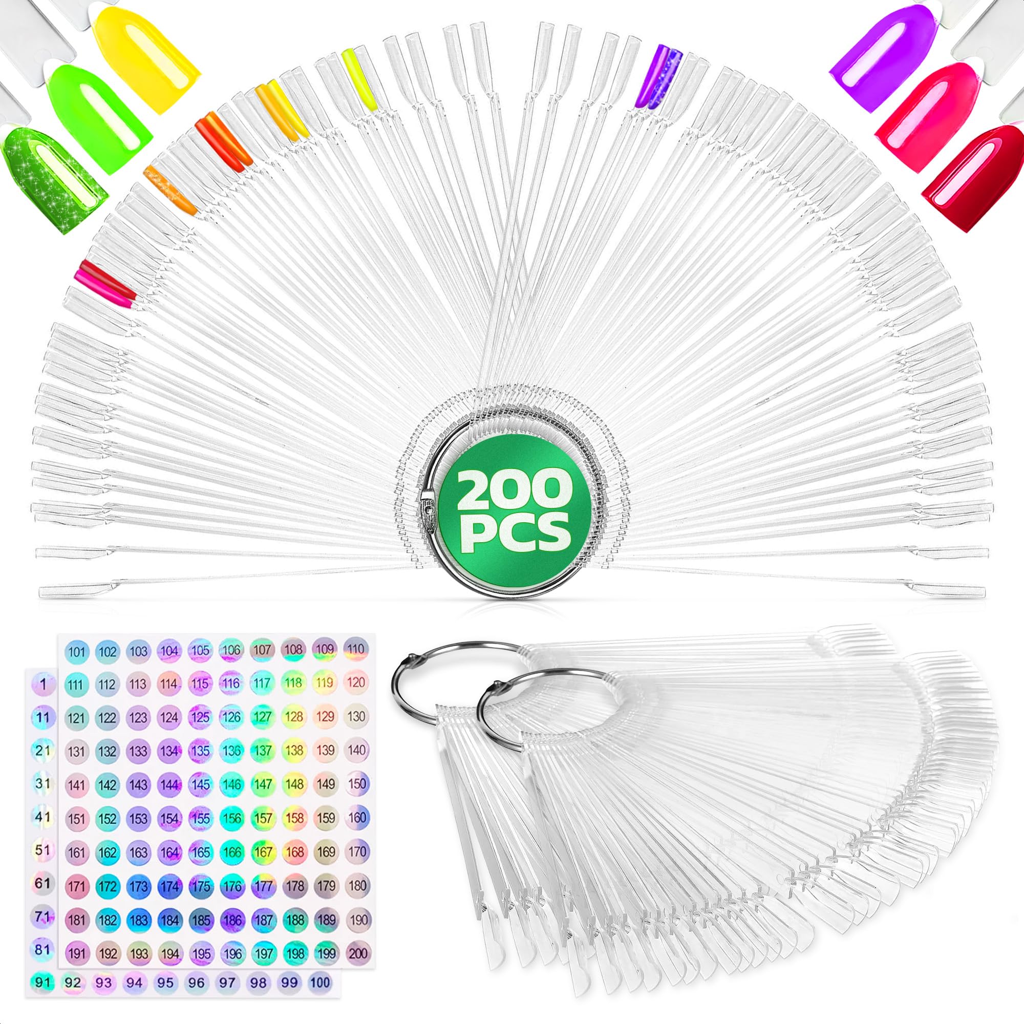 200 Pcs Nail Swatch Sticks – Color Swatches with Numbering Stickers and 4 Metal Rings – Easy to Paint On, Simple to Organize and Store for