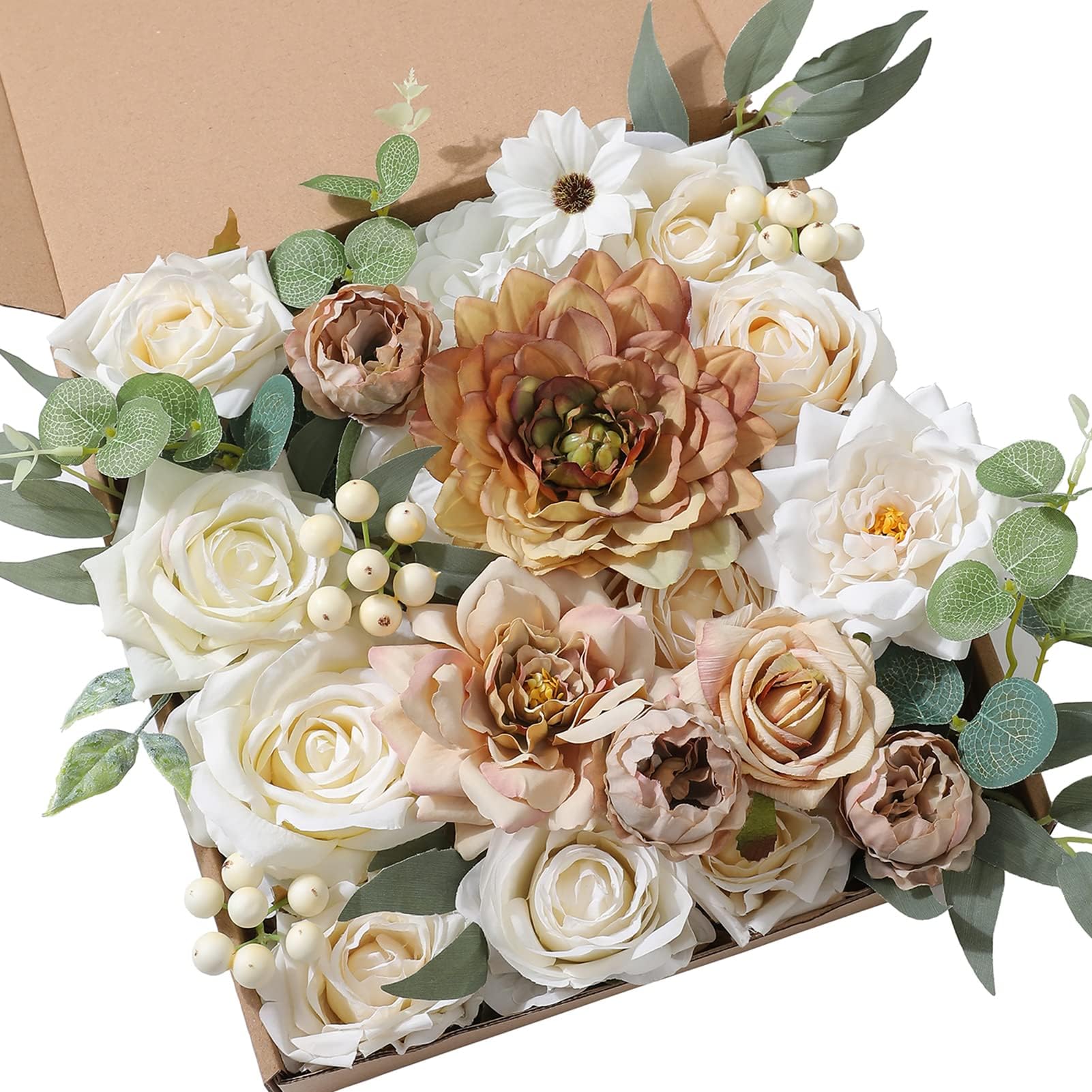 Artificial Wedding Flowers Combo Box Set for DIY Centerpieces Arrangements Bridal Bouquet Table Chair Decor Candle Holder Baby Shower Cake Decor Flower Strips Home Decorations (White)