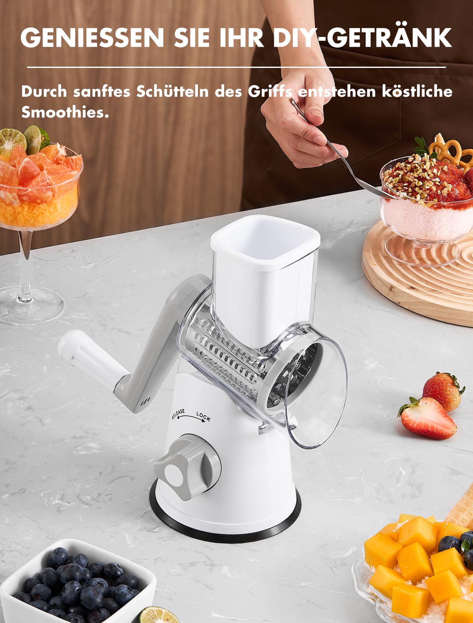 GDL Ice Crusher, Slushy Maker Maschine mit 3 Trommelmessern, Eiscrusher Manuell mit Kurbel Spülmaschinenfest und Schnellschnitt, Crushed Ice Maker Reibe für Eis, Slushy, Gurke, Karotte, Käse (Weiß)