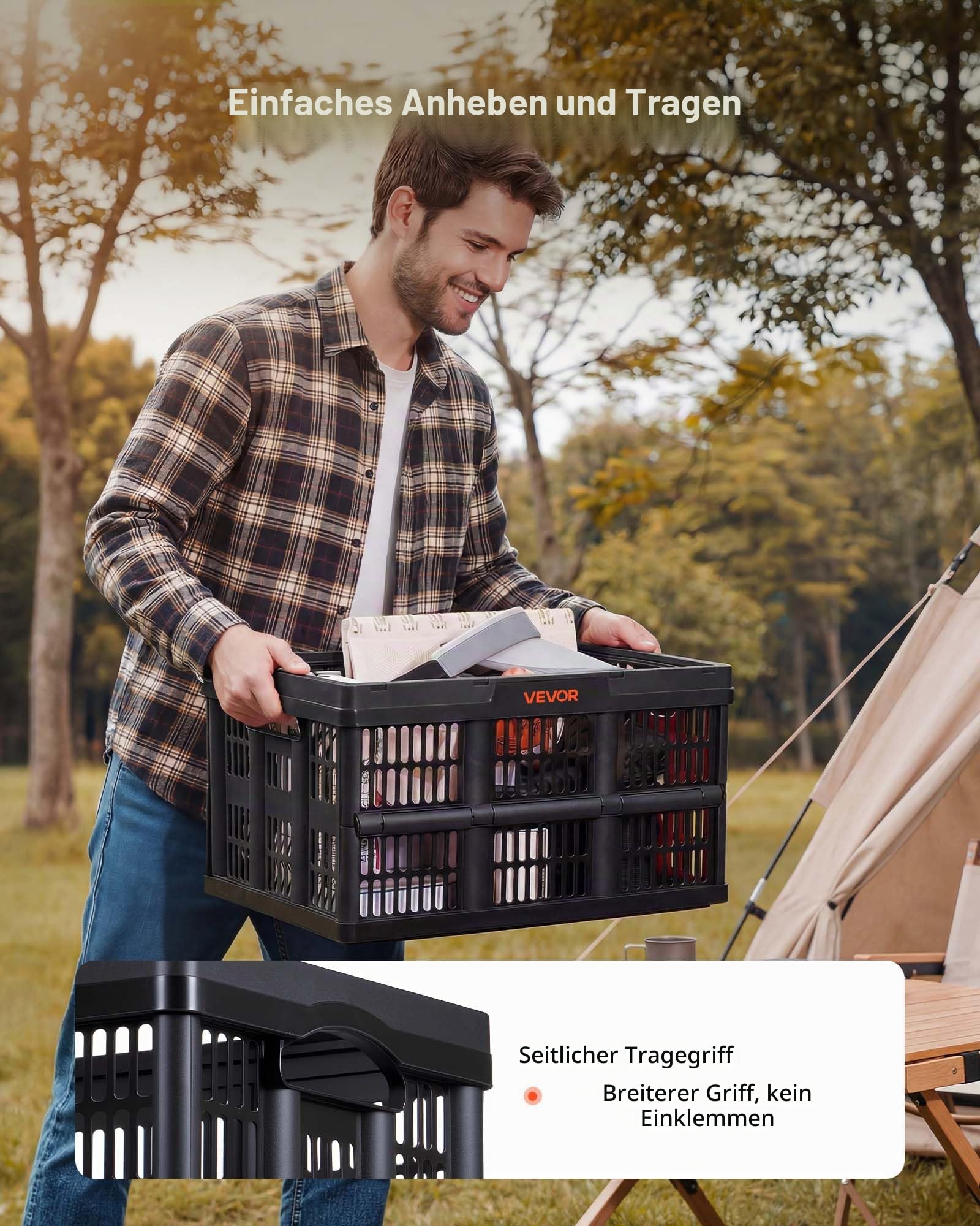 VEVOR Klappbox 45 L 3er-Pack, Faltbare Aufbewahrungsboxen aus Kunststoff, Stapelbare Klappkörbe mit Griffen, Tragkraft 15 kg pro Box, Klappkiste, Ideal für Haushaltsorganisation, Schwarz