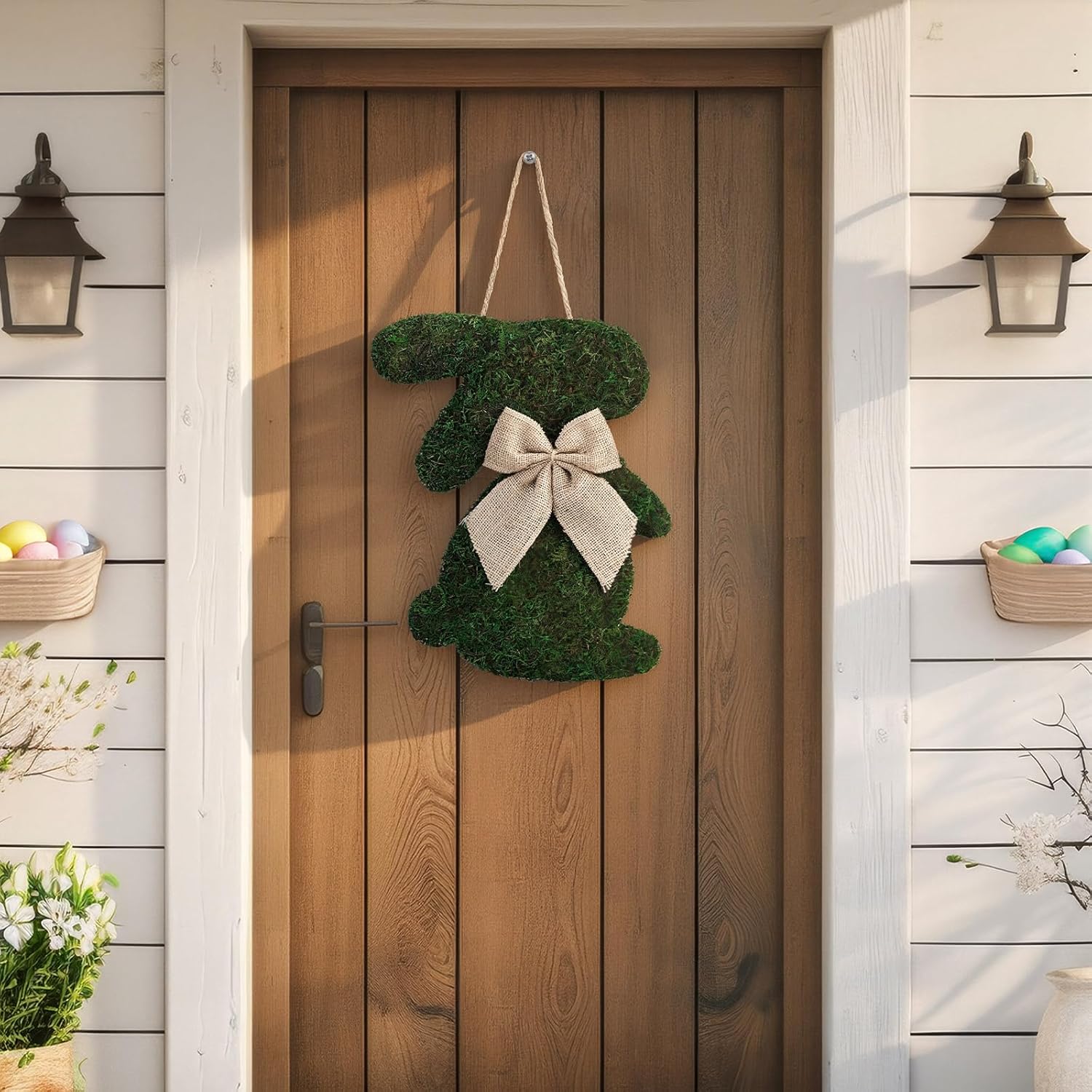 Amyhill Easter Moss Bunny Wreath for Front Door Fake Moss Bunny Sign Hanging Wooden Wreath with Burlap Bow for Spring Porch Wall Home Farmhouse Indoor Outdoor Decor