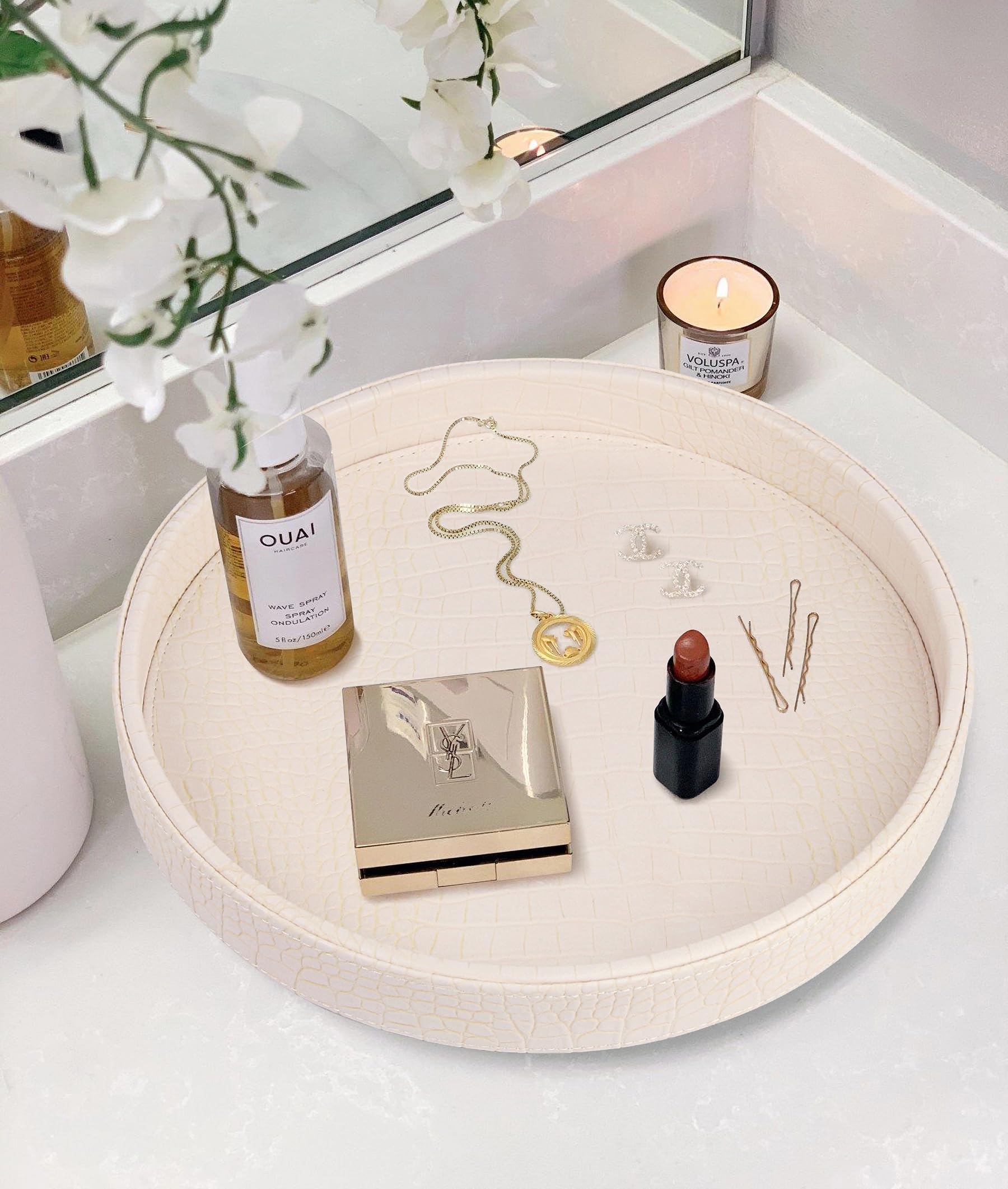 HofferRuffer Faux Leather Round Serving Tray, Vegan Croco Leather Decorative Tray, Food Tray for Storage Drinks, Snack & Cosmetics, Dia.12'' x 1.6'' (CreamWhite)