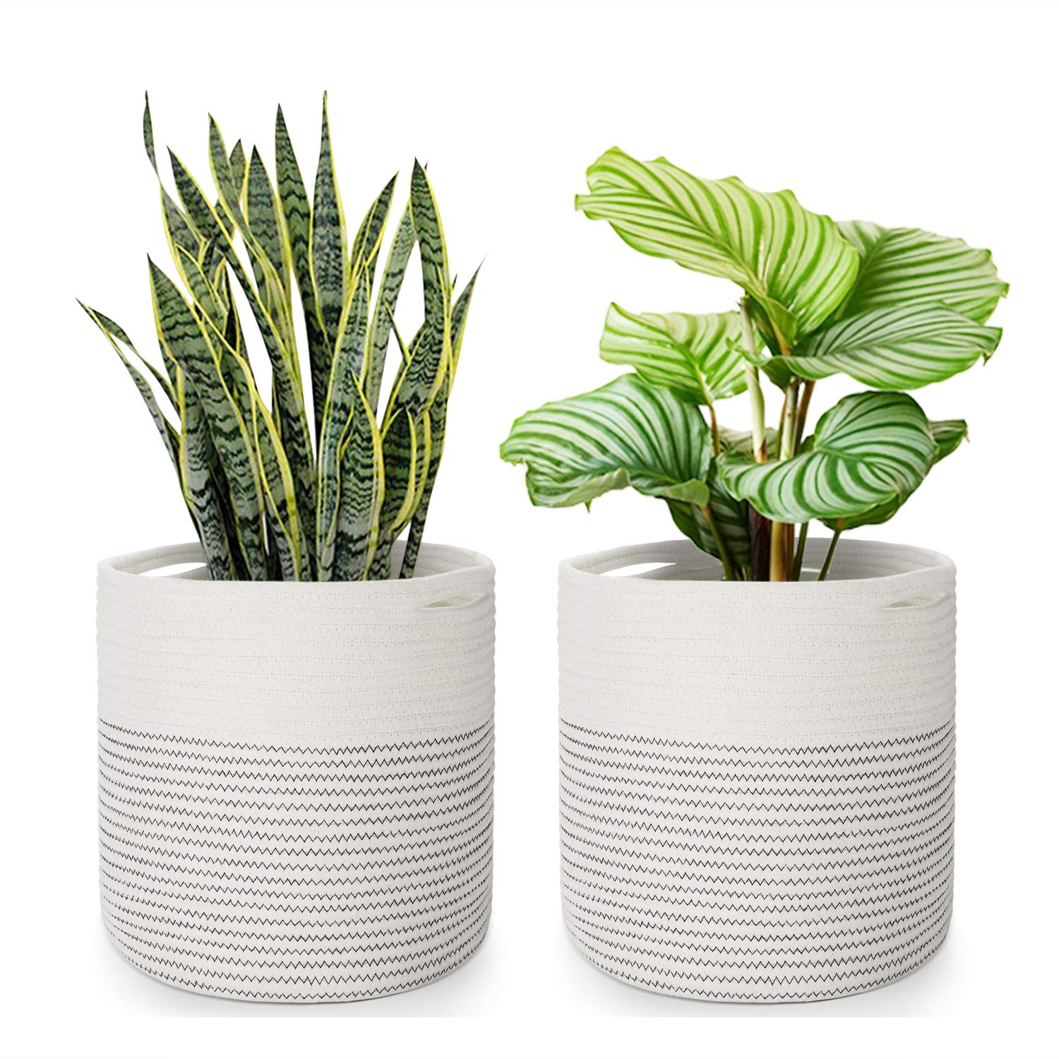 Flexzion Pflanzkorb (2 Stück) Moderner Urban Boho Baumwollseilkorb für den Innenbereich (bis zu 27,9 cm Blumentopf), Makramee, gewebter Aufbewahrungskorb mit Griffen, Heimdekoration, Aufbewahrung,