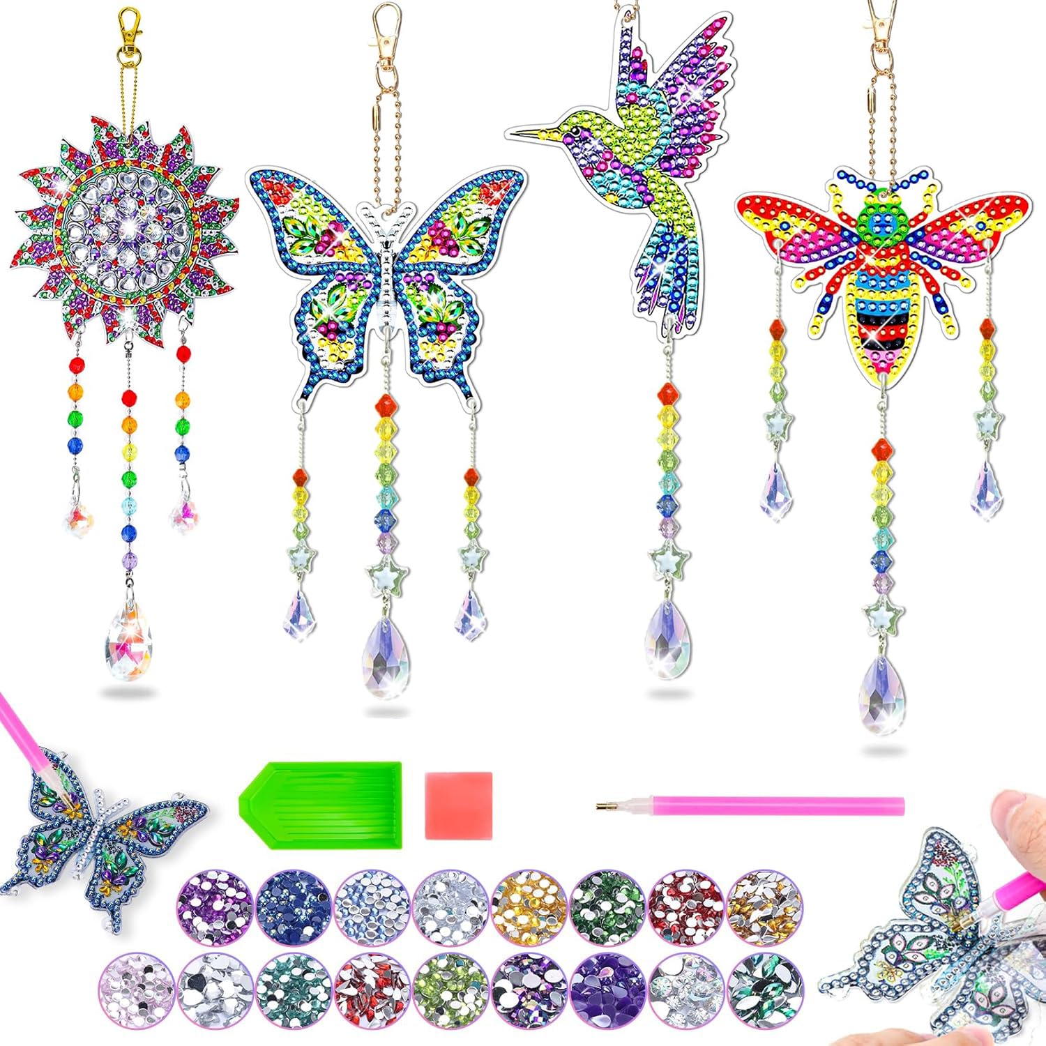 Arts and Crafts for Kids Ages 8-12, DIY Diamond Painting Kits Birthday Gifts for 6 7 8 9 10 11 12 Year Old Girls Boys, Butterfly, Sun Hummingbird,