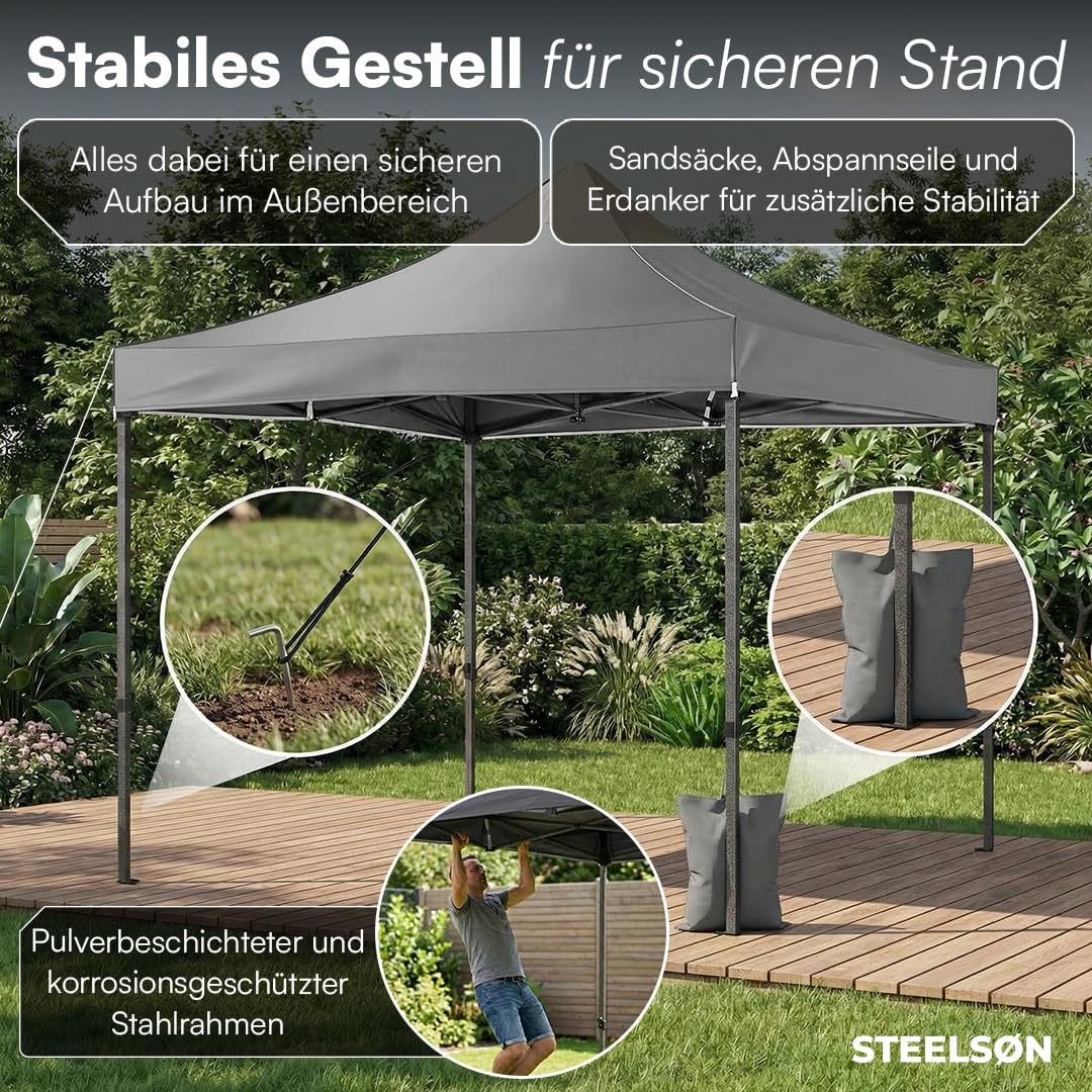 STEELSØN Rynara Pavillon 3x3 m – Faltpavillon mit 4 Seitenteilen – hochwertiger Gartenpavillon inkl. Tragetasche mit Rädern & 3-Fach höhenverstellbar – extrem stabil & UV-/wetterfest - grau