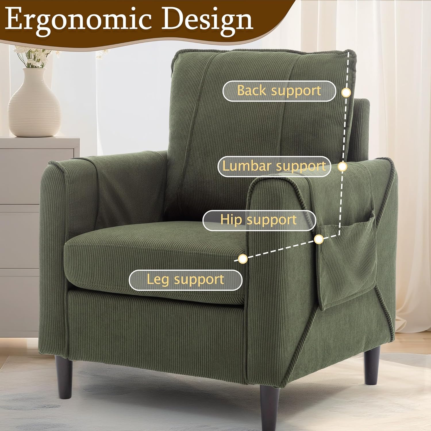 Accent Chair, Arm Chair for Living Room, Mid-Century Modern Upholstered Reading Chair, Comfy Club Chair with Side Pockets and Soft Cushion, Corduroy Fabric Sofachair for Bedroom