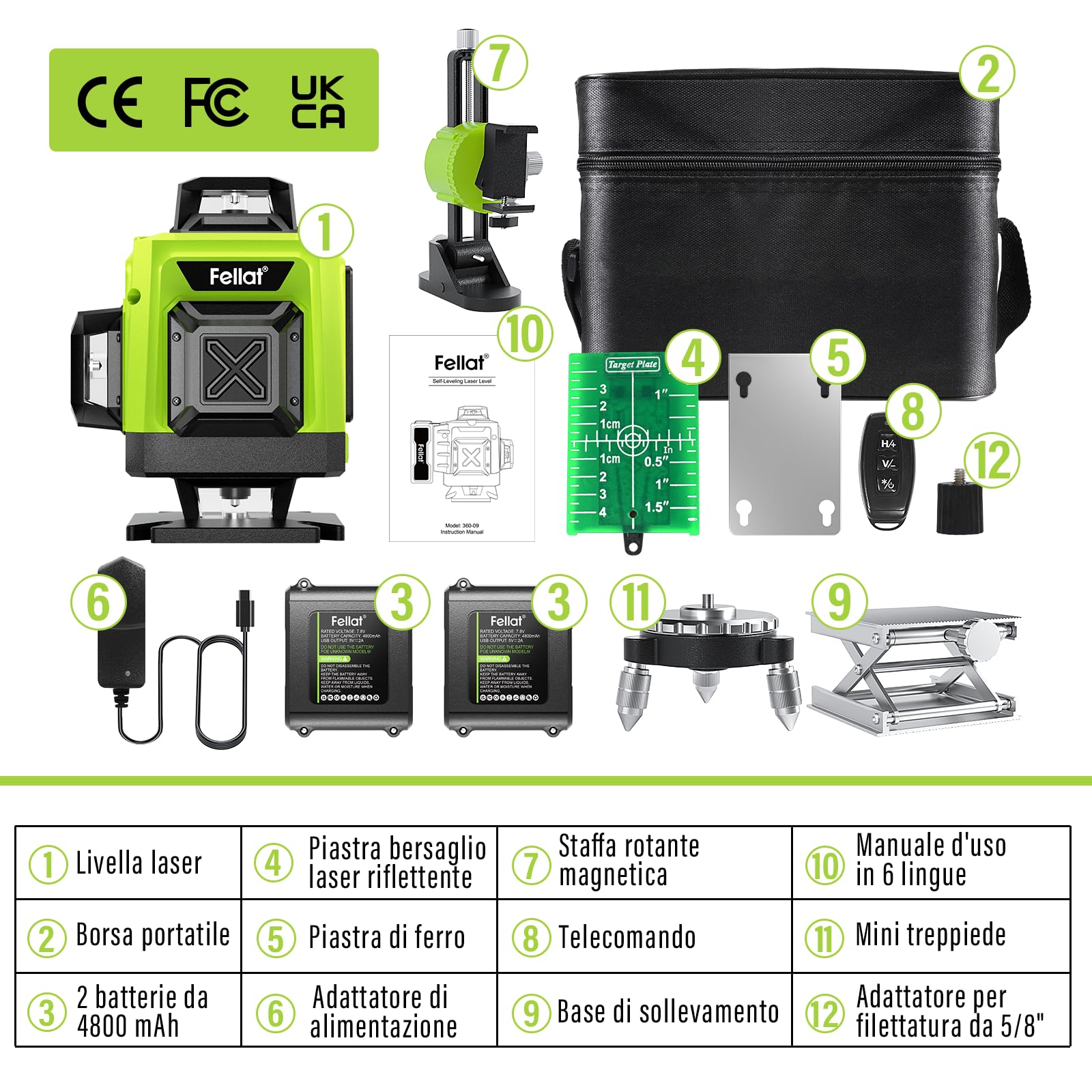 Livella Laser Geevorks 12 Linee Verde - Autolivellante 360&deg;, Treppiede Incluso, Batteria 4800mAh
