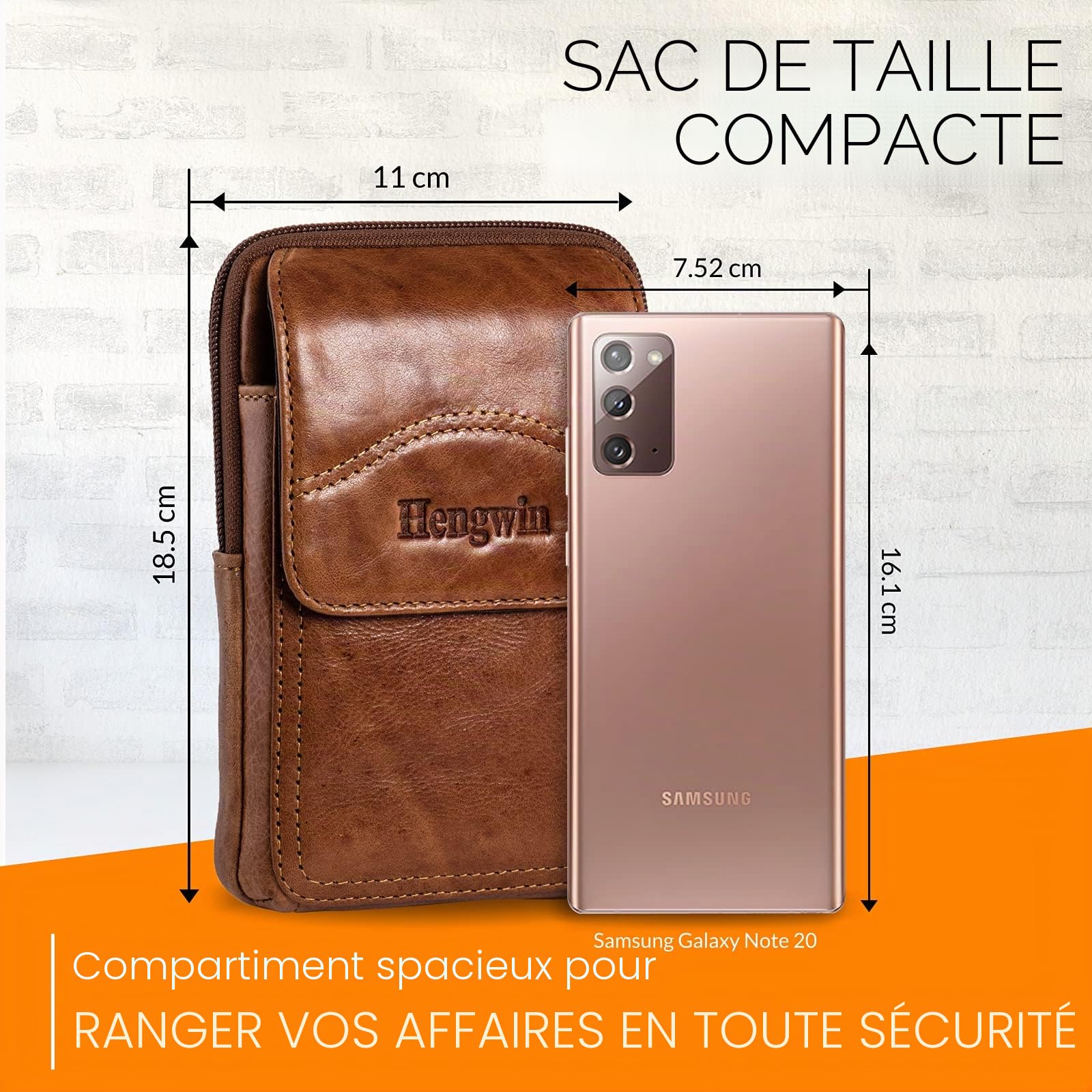Sac de Ceinture en Cuir véritable Sacs à bandoulière Étui de Support de téléphone Portable pour iPhone 16 15 14 13 12 11 Pro Max Samsung S25 S24 S3 Ultra S25+ Sac de Ceinture (Brun)