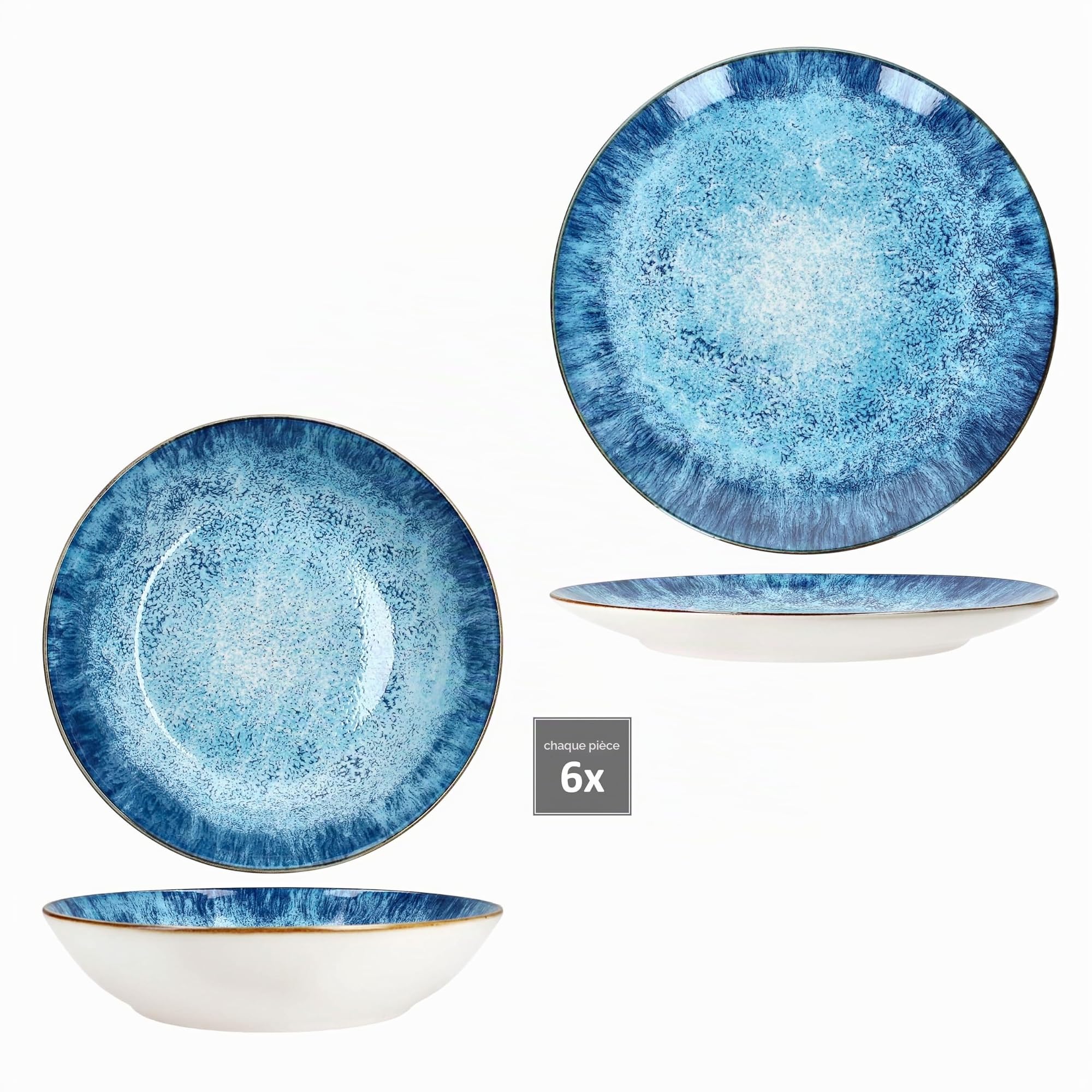 MamboCat Marina Service de table 12 pièces en porcelaine bleue au design maritime pour 6 personnes Motif océan Gischt 6 assiettes creuses et 6 assiettes plates pour petit-déjeuner, déjeuner et dîner