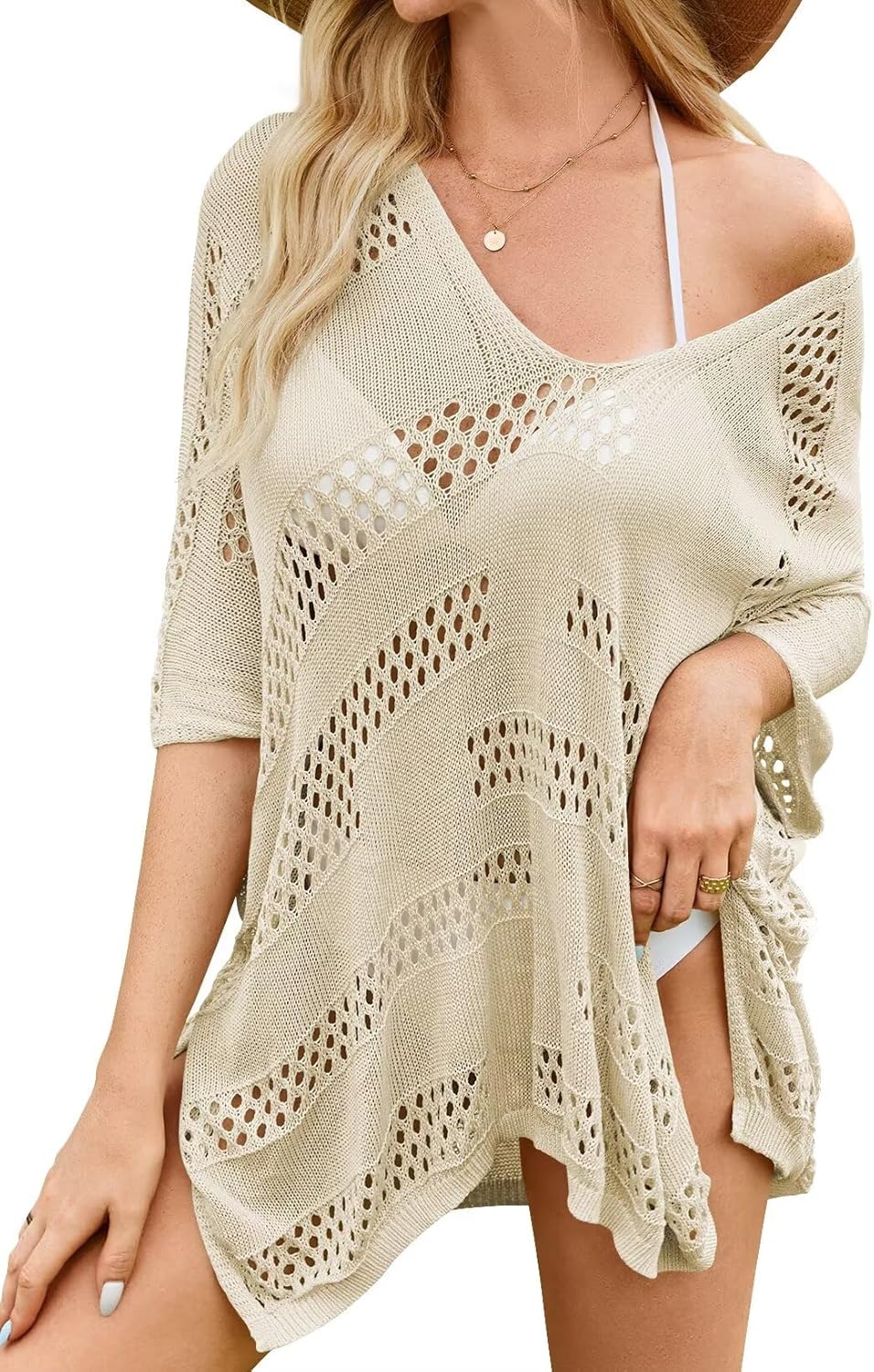 Women Bathing Suit Cover Up Summer Crochet Geometric Beach Swimsuit Coverup Mesh Knit Vacation Outfits Resort Wear