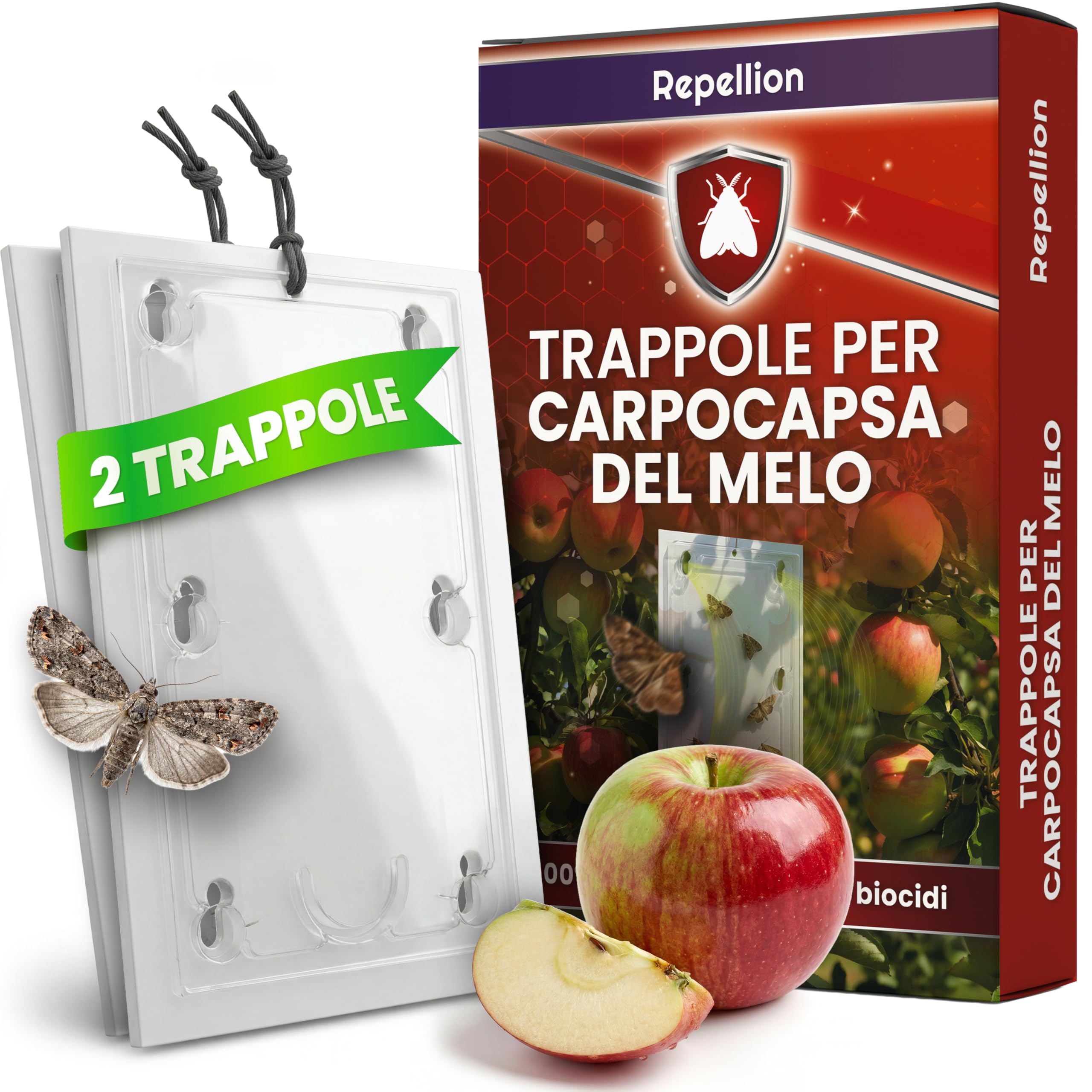 Trappola per feromoni per mele, set di 2 trappole per alberi da frutto, efficace trappola per avvolgere le prugne, protezione antitarme senza tossine per il melo, include attrattiva