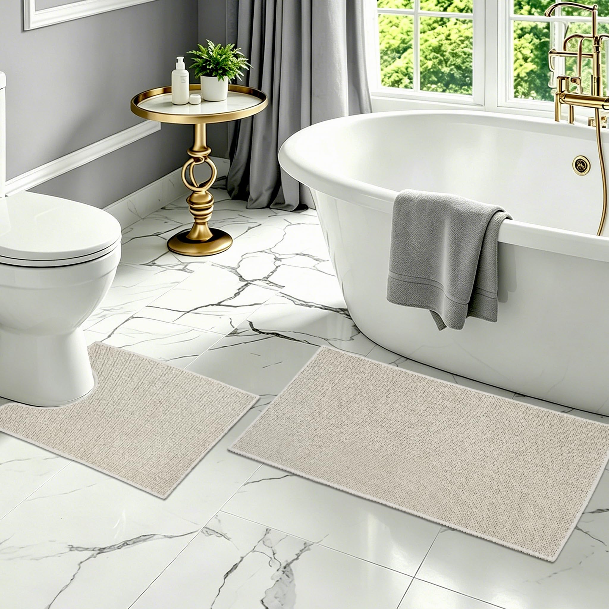 Homcomodar Bath Mat Set 2 Pieces Ultra Thin Bathroom Mat Set Absorbent Quick Dry Bath Mats for Bathroom Washable Non Slip Rubber Bath and Toilet Mats Set for Bathroom Floor Shower Bathtub (BeigeGrey