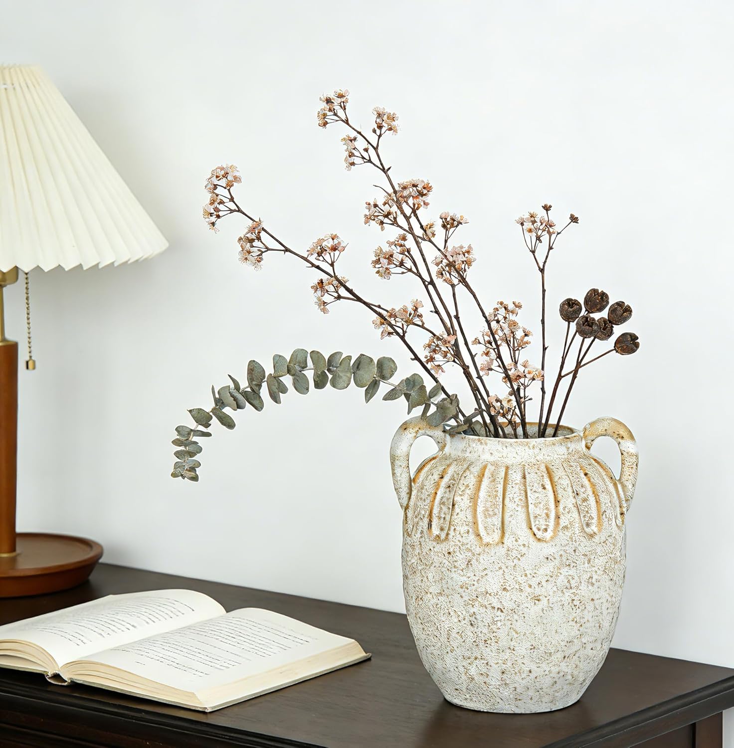 Vintage Ceramic Vase with 2 Handles,Farmhouse Boho Vase for Home Decor, Petal-Like Pluting Rustic Vase for Flower, Centerpiece Table Decoration 6.1 Inch - Image 6