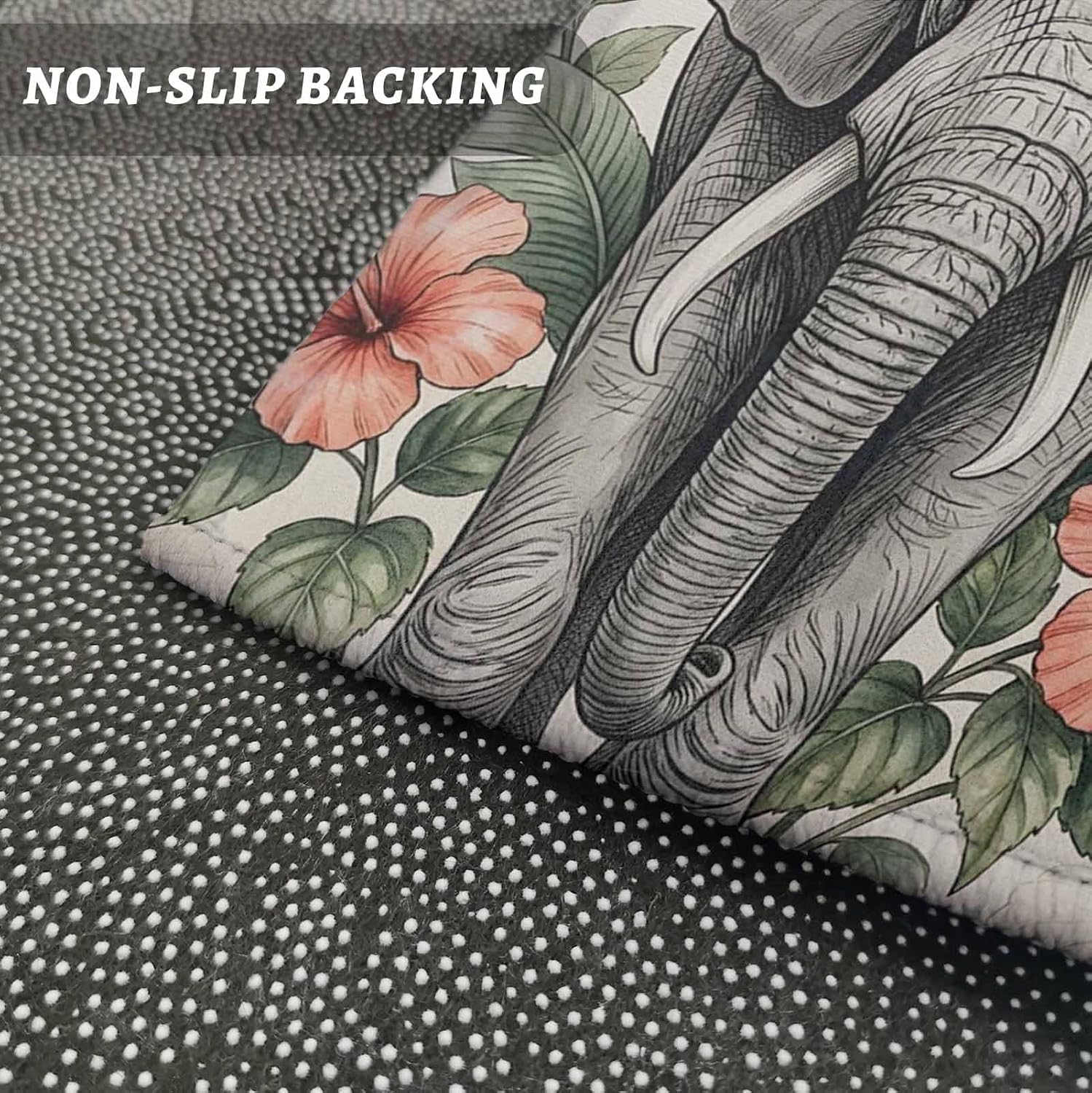 Teamery Kitchen Mats for Floor Tropical Elephant Hibiscus Leaf Washable Non Slip Kitchen Rugs 1PCS, Vintage Animal Botanical Absorbent Standing Mats for Sink Bathroom Office Living Room 15.7x47.2in