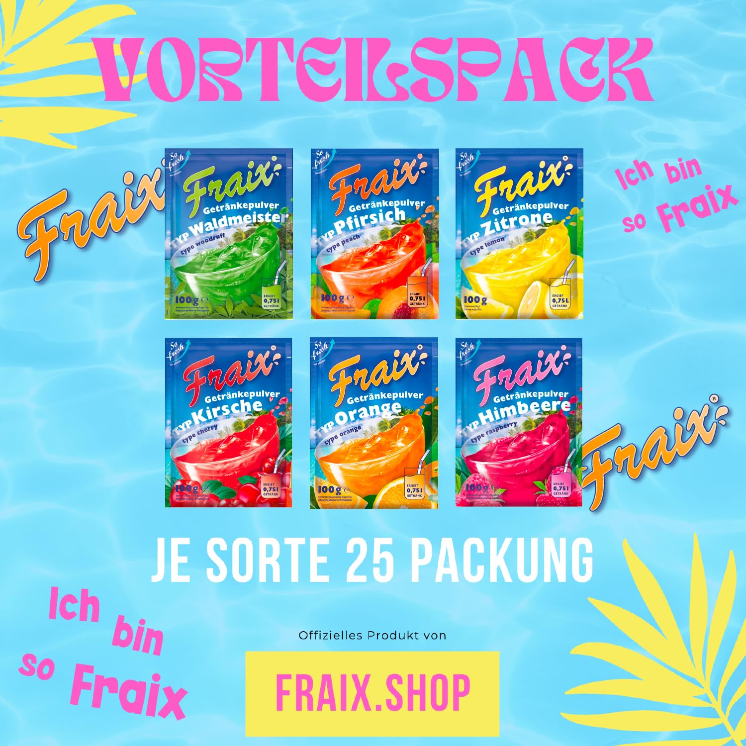FRAIX Getränkepulver 6 Sorte Mixed Vorteilspack - je 25 Packungen (150er Pack x 100g) 6 Geschmacksrichtungen - Perfekt für Familie, Picknick, Party, Camping, unterwegs