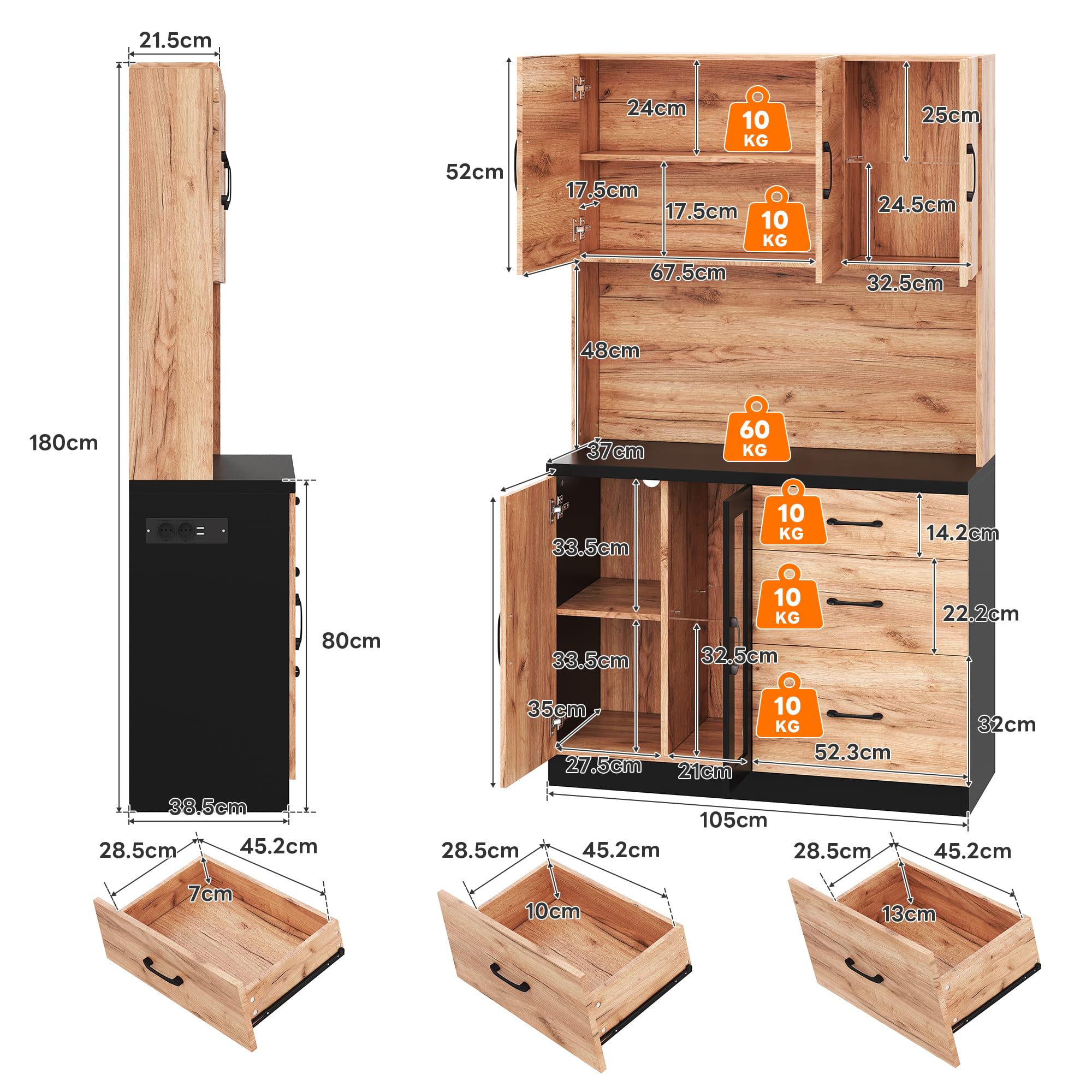105 x 40 x 180 cm, moderno mobile da cucina, nero e effetto legno con illuminazione a LED, ripiani regolabili e presa in stile euro, adatto per cucine, sala da pranzo, soggiorno, ecc.