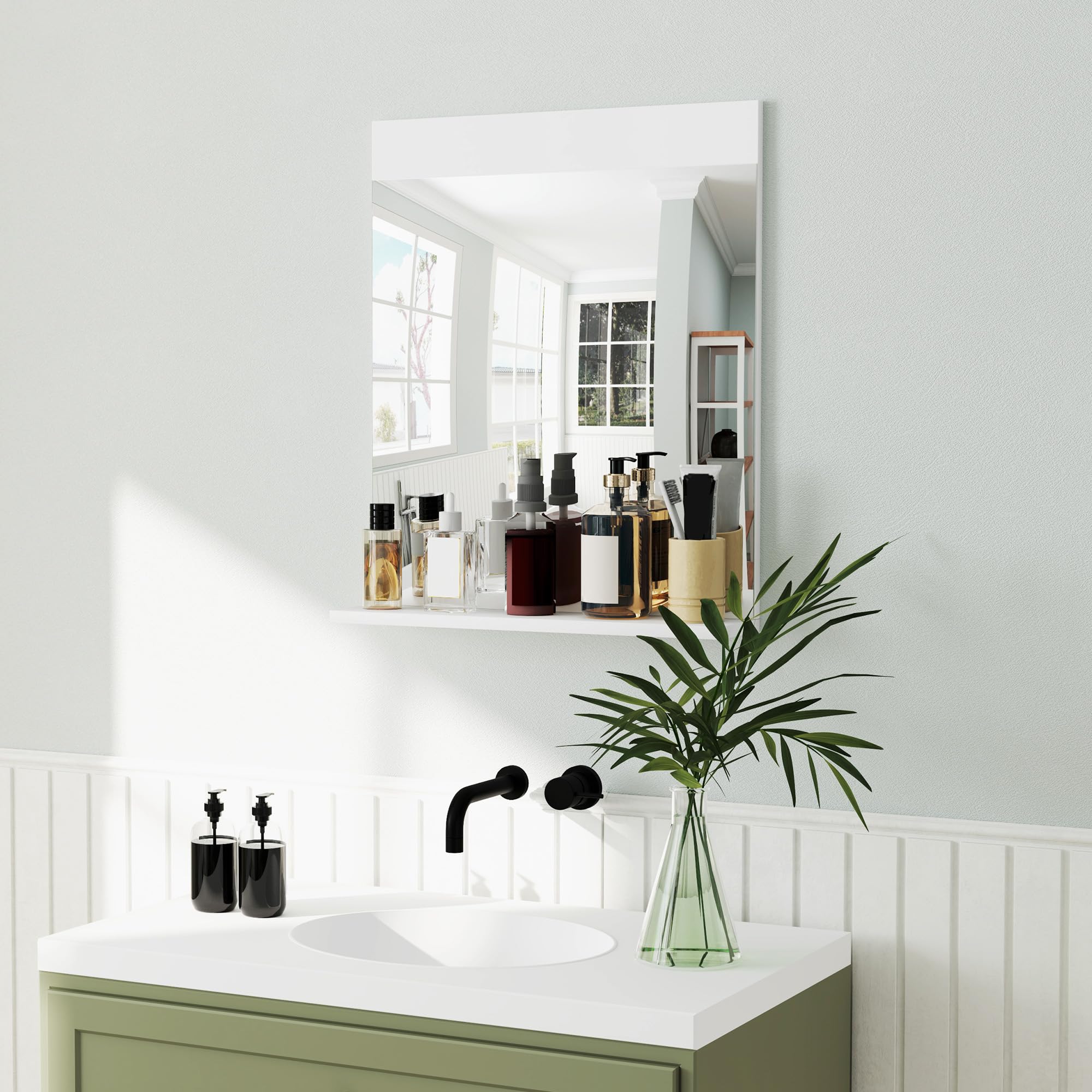 HOMCOM Espejo de Baño con Estante Abierto 50x12x60 cm Blanco | Espejo de Pared, para Entrada Pasillo