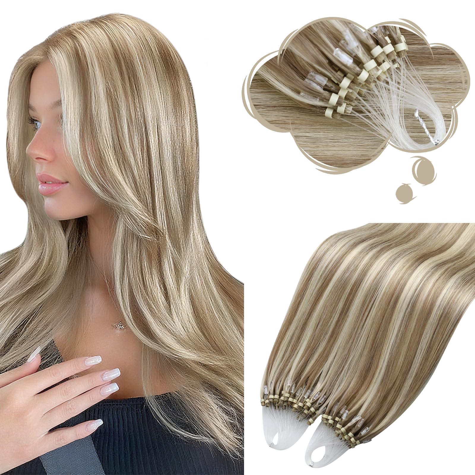 Moresoo Nano Hair Extensions Real Human Hair 16 Inch 50g/Pack Ash Blonde Highlight Nano Beads Hair Extensions Human Hair 1g/s Remy Straight Hair #P18/613 — view 55