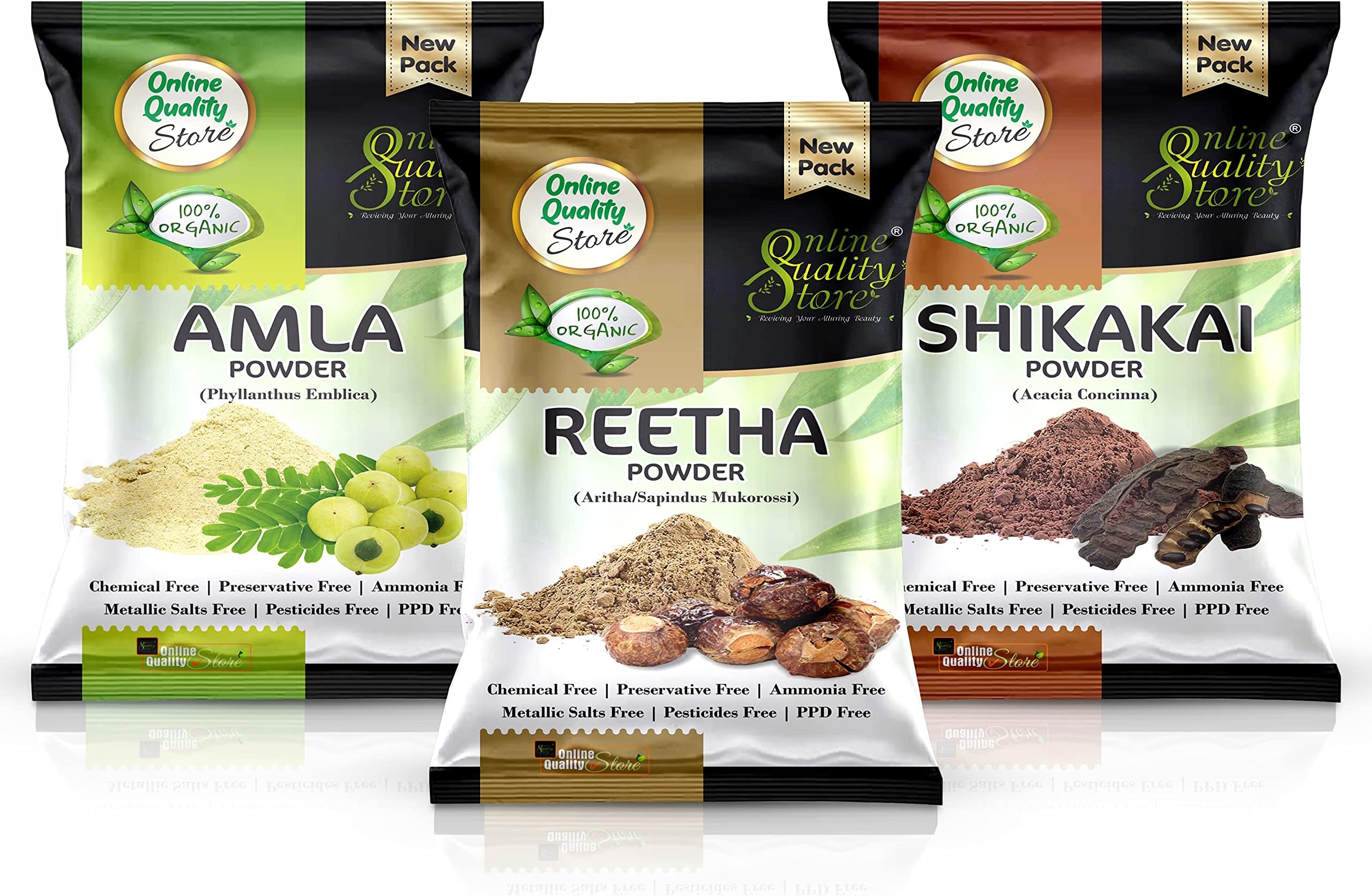 Online Quality Store Amla, Reetha, Shikakai Powder Combo Powder Pack For Hair R (Pack Of 3, Total 380G Pack), All Hair Type, Oily, Dry, Thick, Damaged, 3 Count
