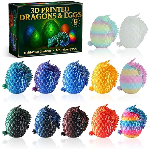 12 Pack 3D Printed Dragon Eggs with Crystal Dragons Inside,Mini Crystal Dragon Collectible Figures, Articulated Desk Decor Display Set, Non-Candy Easter Basket Stuffers, Ages 8+
