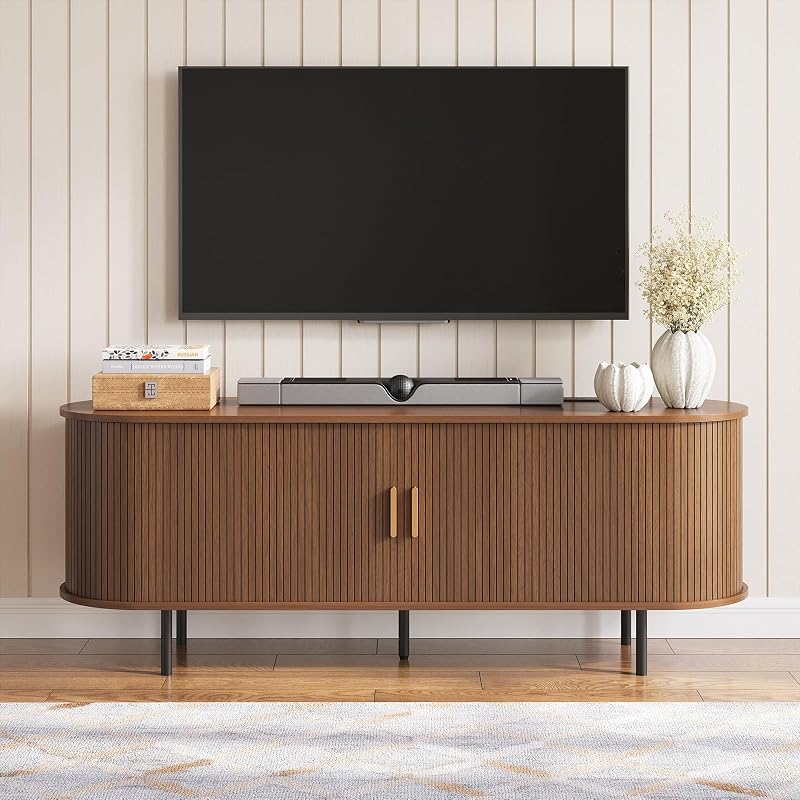 63" Mid Century Modern TV Stand Entertainment Center Brown Walnut Cabinet