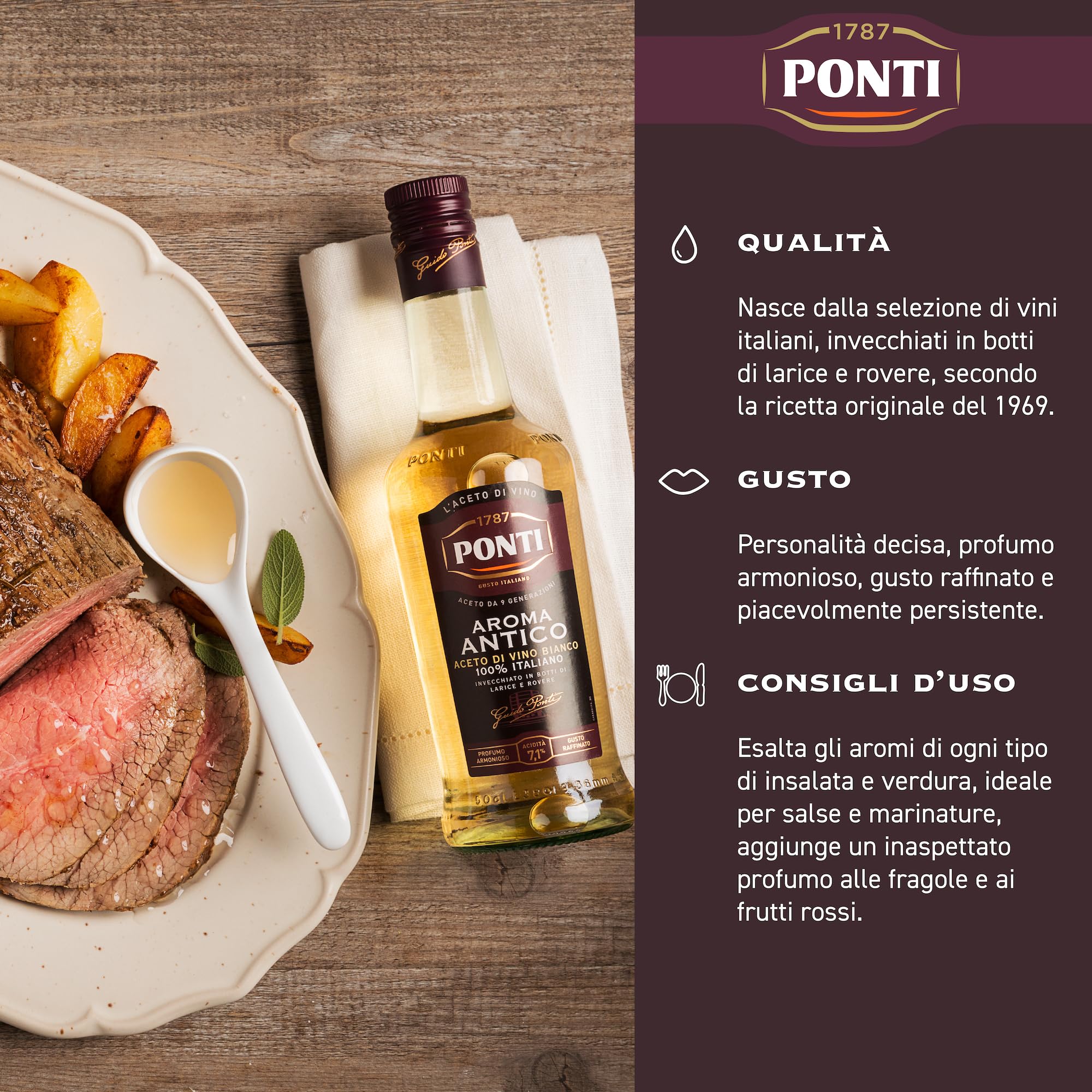 Ponti, Aceto Aroma Antico Bianco, Personalità Decisa e Gusto Raffinato, Ideale per Esaltare gli Aromi di Insalate, Verdure, Salse e Marinature, 100% Made in Italy, 12 Bottiglie da 500 ml