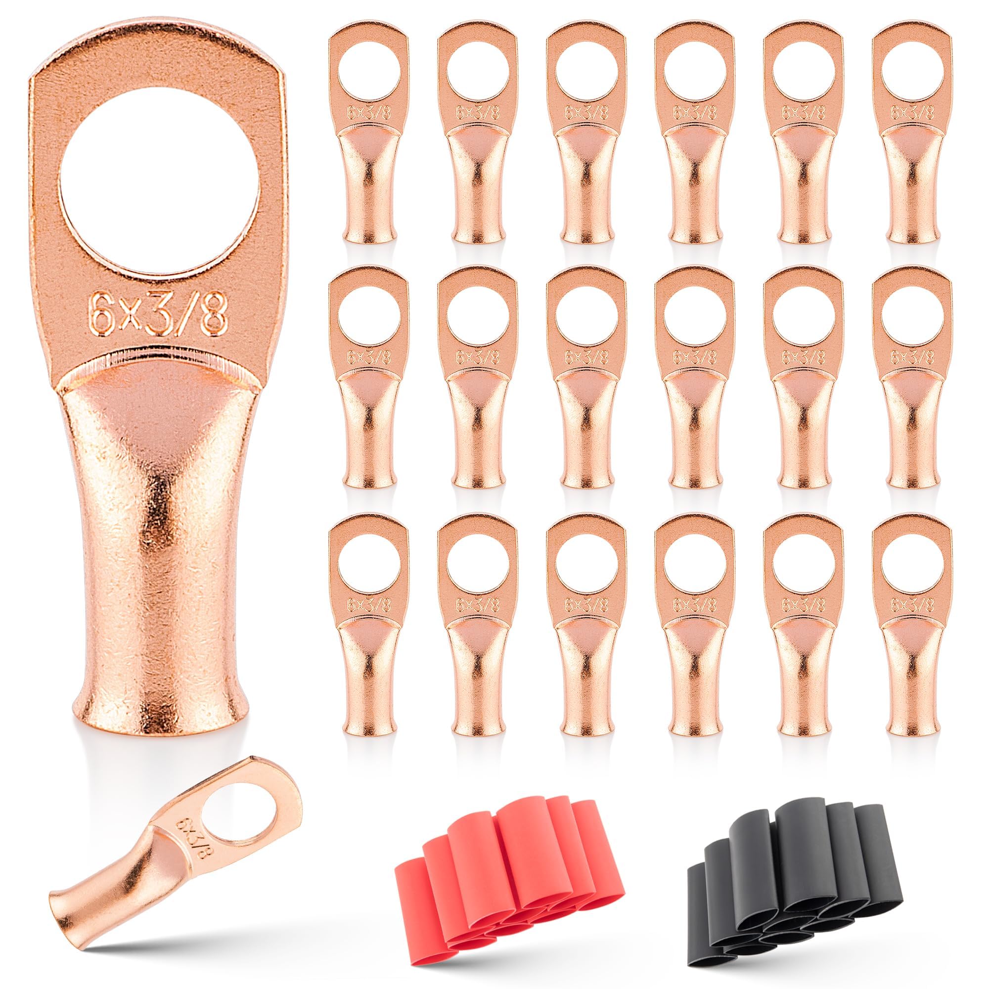 RED WOLF 6 AWG-3/8 Battery Cable Ends 20PCS 6 Gauge Wire Lugs Ring Terminal Connector Ring Stud w/Heat Shrink Tubing 3:1 Black Red for Automotive