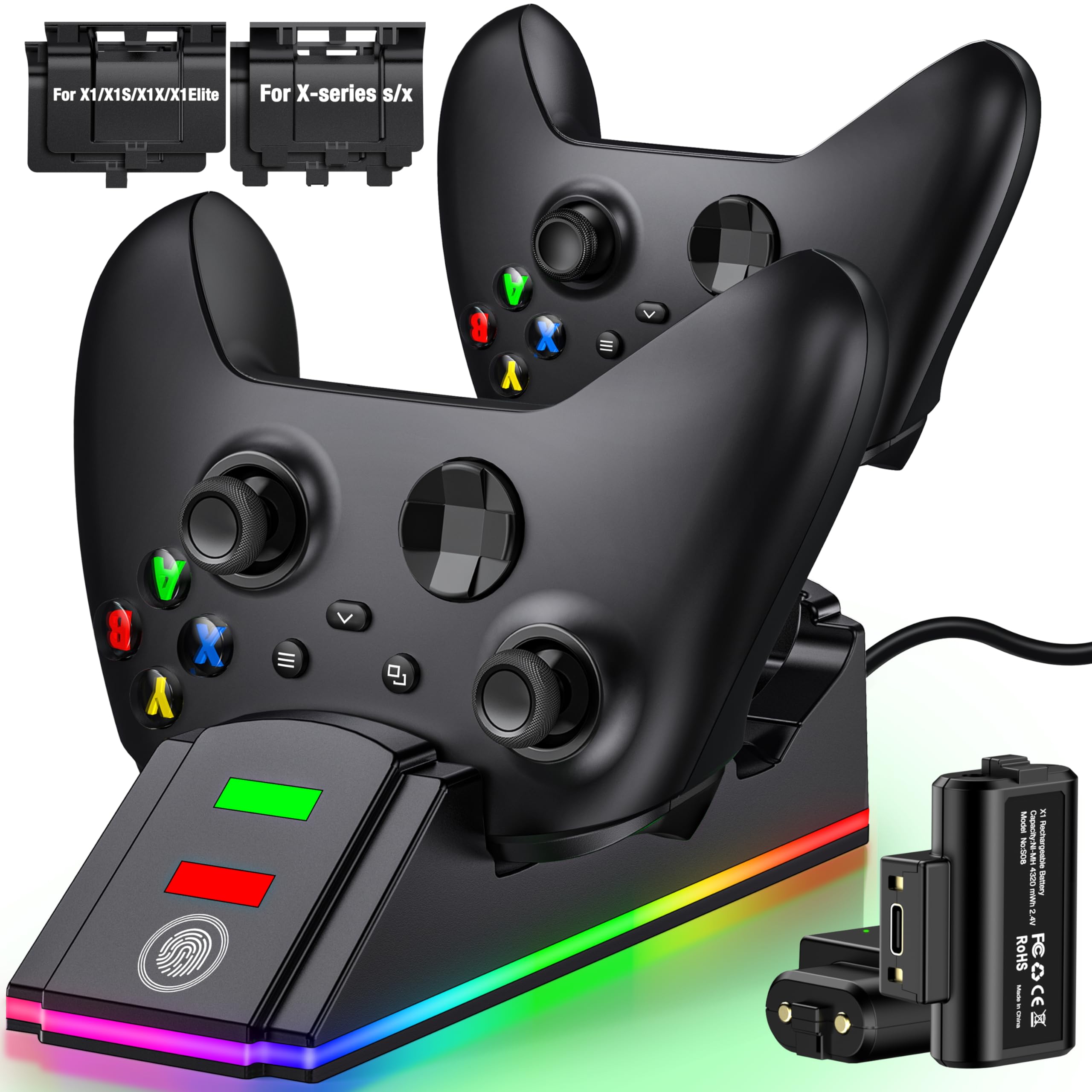 Dual Xbox Controller Charging Station with 2×4320mWh Rechargeable Batteries - Fast Charger Dock for Xbox Series X|S/Xbox One/Elite Controllers, LED Display & USB-C Cable Included