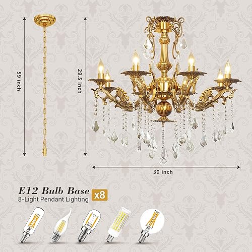 Miniatura 9 de CHGUOSZ Candelabro de cristal de bronce antiguo dorado para comedor, lámpara colgante de techo para sala de estar, dormitorio, pasillo, granja,