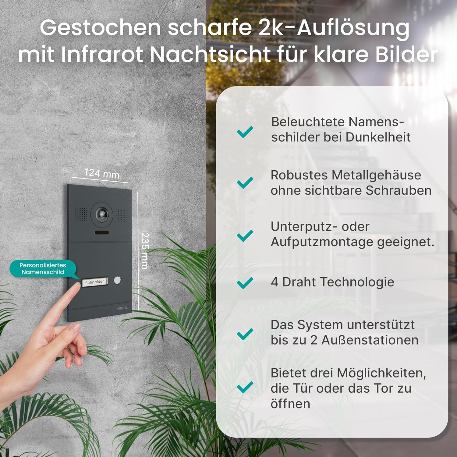 MATHFEL 2 Draht Einfamilienhaus Türsprechanlage Gegensprechanlage Fischaugenkamera 170 Grad, Farbe: Anthrazit, 1x10'' Monitor weiß Außenstation Anthrazit