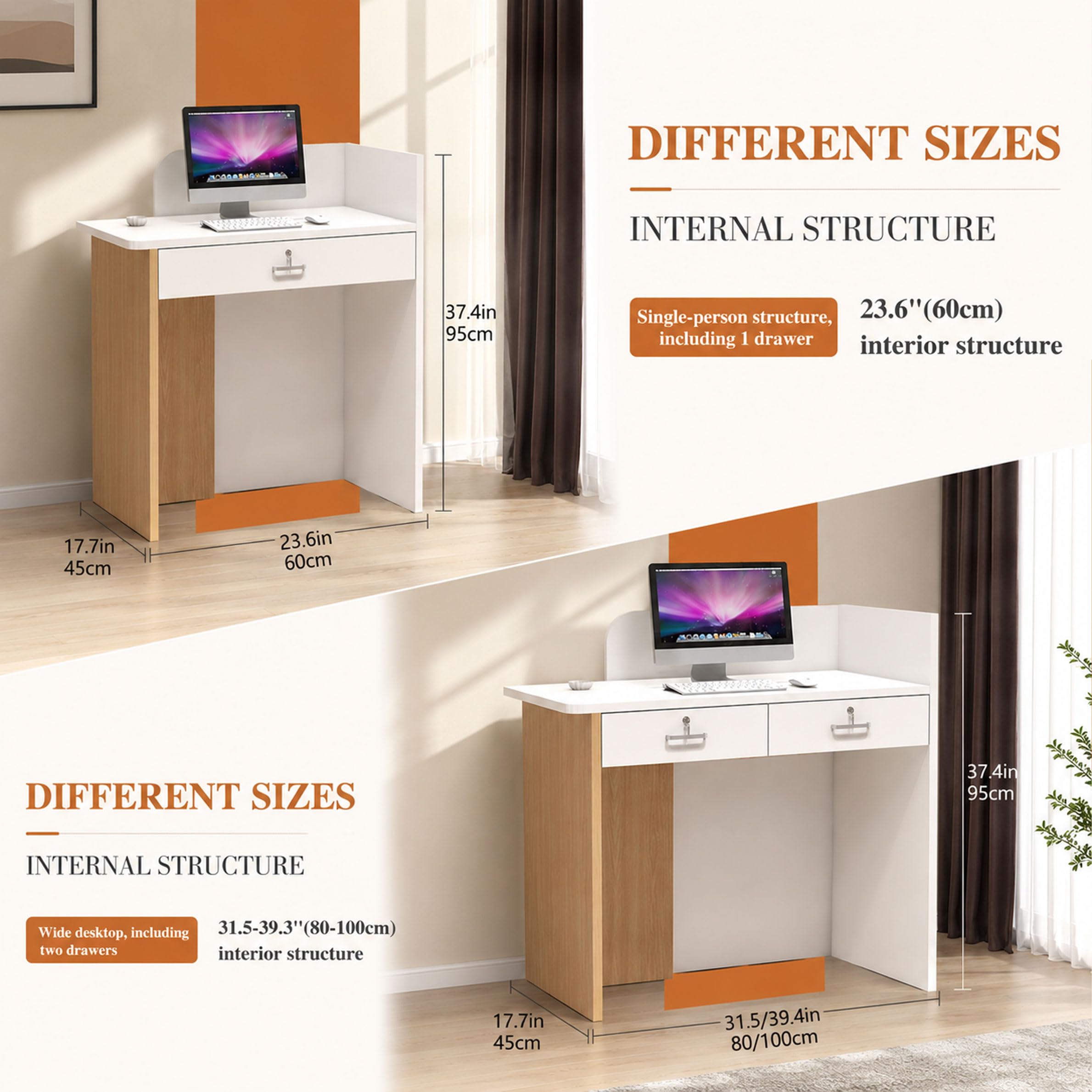 Bancone Reception Moderno In Legno Con Cassetti E Spazio Di Armadietto, 60-200cm Cassa Banco Negozio, Accoglienza Per Salone Di Bellezza, Hotel, Ufficio E Sale Aziendali, Dimensioni E Colori A Scelta