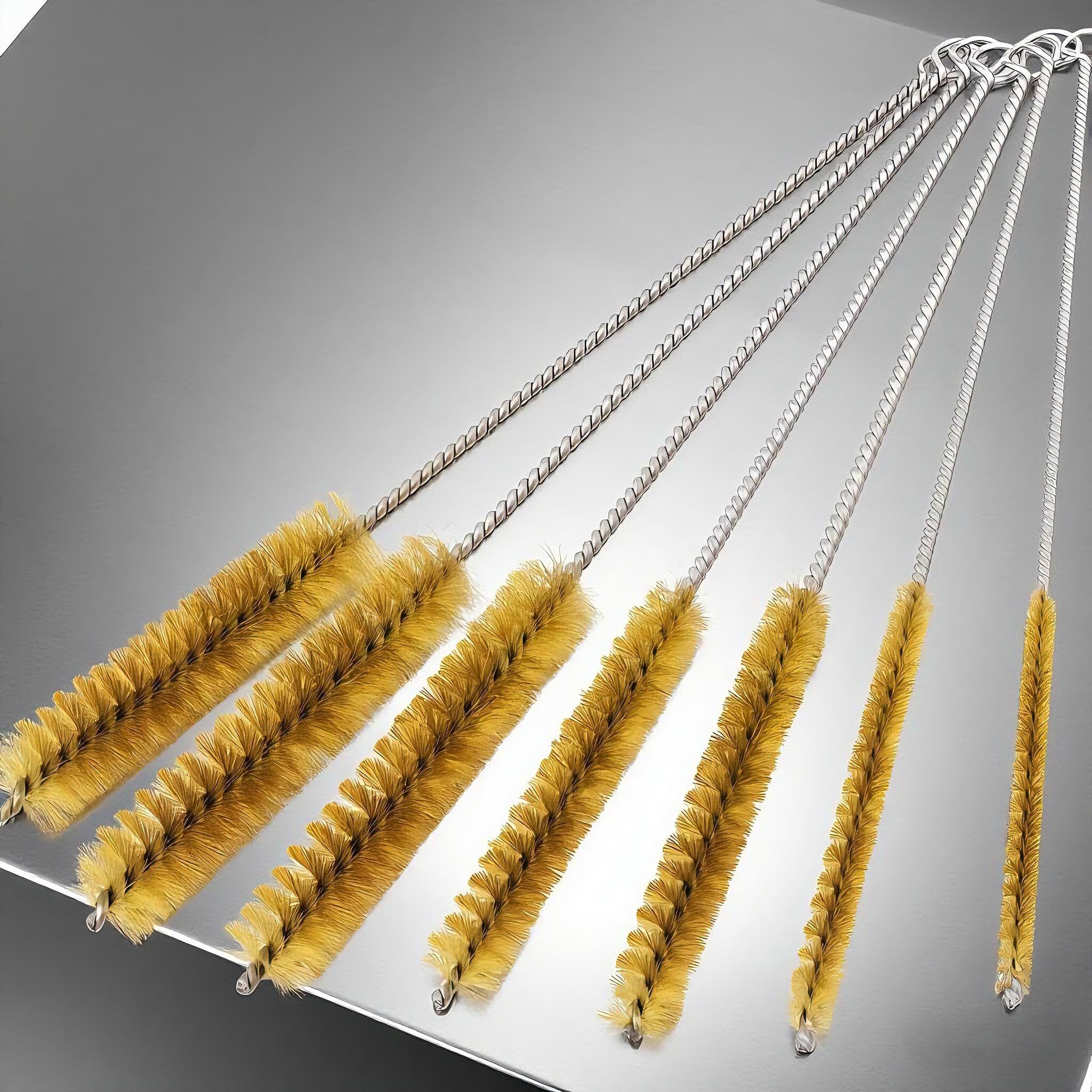 7 PCS Brass Wire Tube Brush Kit Wire Bottle Brushes, 11'' Long-Handle Wire Bristle Cleaning Pipe Cleaner, 6mm/8mm/10mm/12mm/15mm/20mm/22mm Brass Tube Brush for Tubes,Bottle,Keyboards,Glass