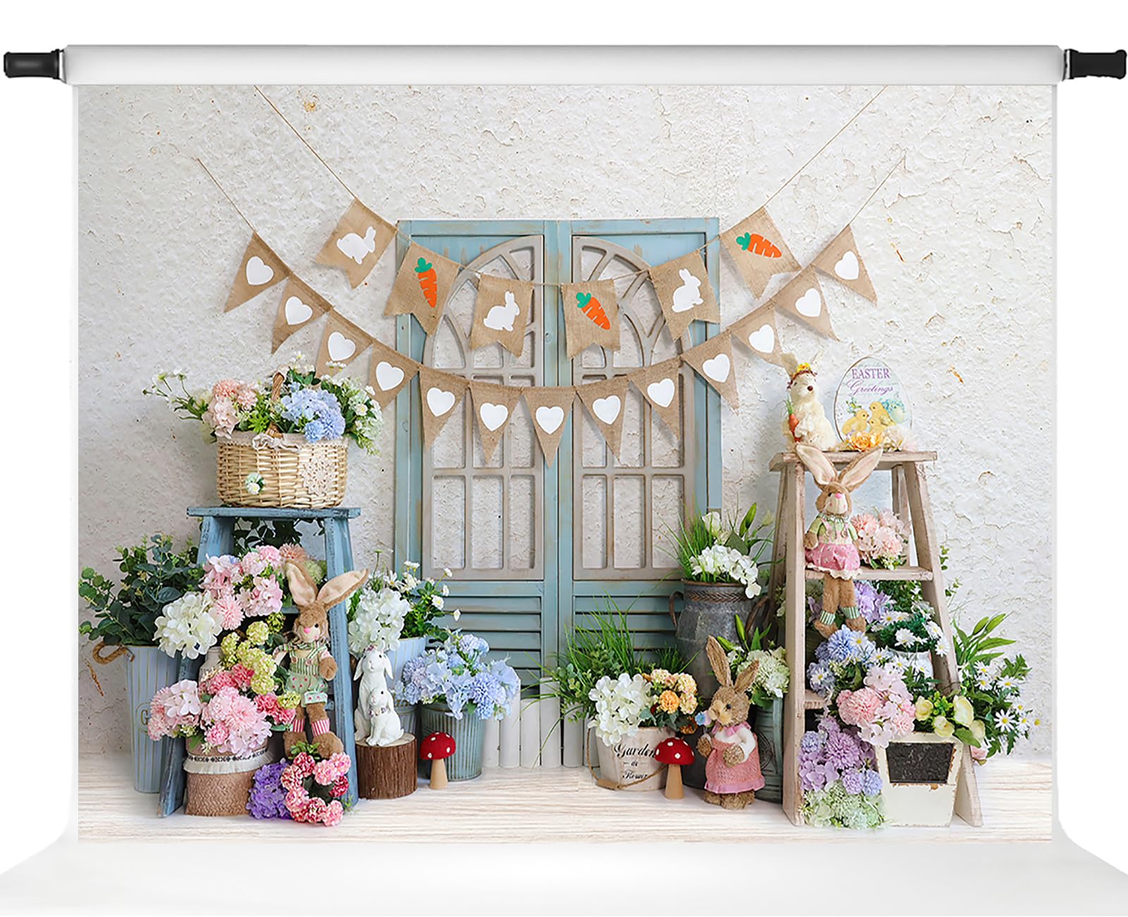 Kate Toile de fond Happy Easter pour séance photo, fleur de printemps, lapin, carotte, bannière, décoration de fête, accessoires photo stduio, 2,1 x 1,5 m