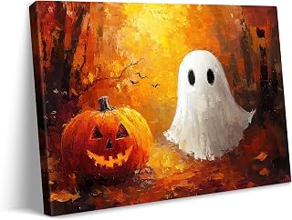 vandlife Halloween Canvas Wall Art Smiling Jack-O-Lantern White Ghost Sunset Forest with Flying Bats Spooky Cute Painting Prints for Living Room Home Decor Framed 16x12in