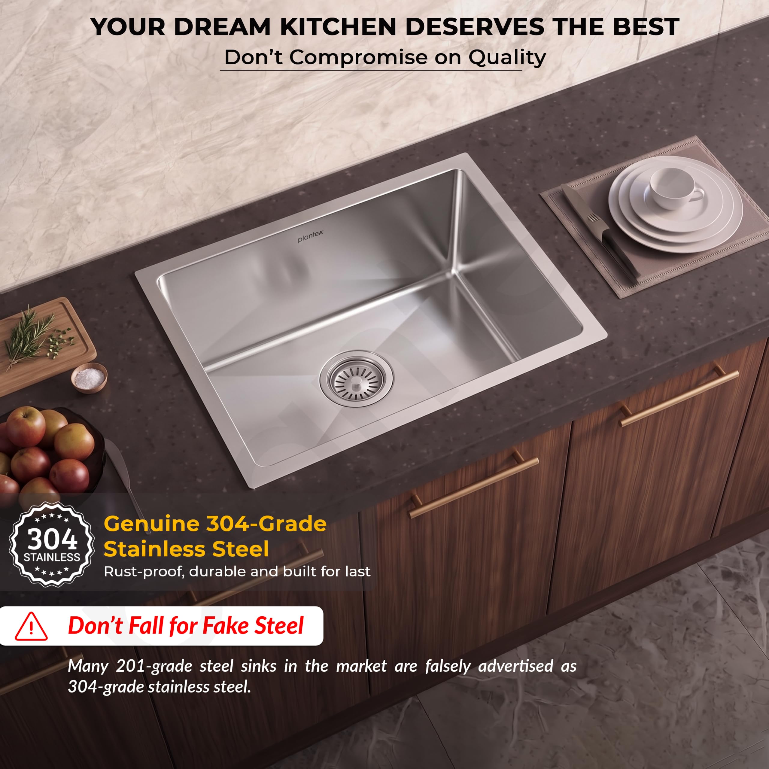 Plantex Stainless Steel Kitchen Sink - 16x18 Inches -2