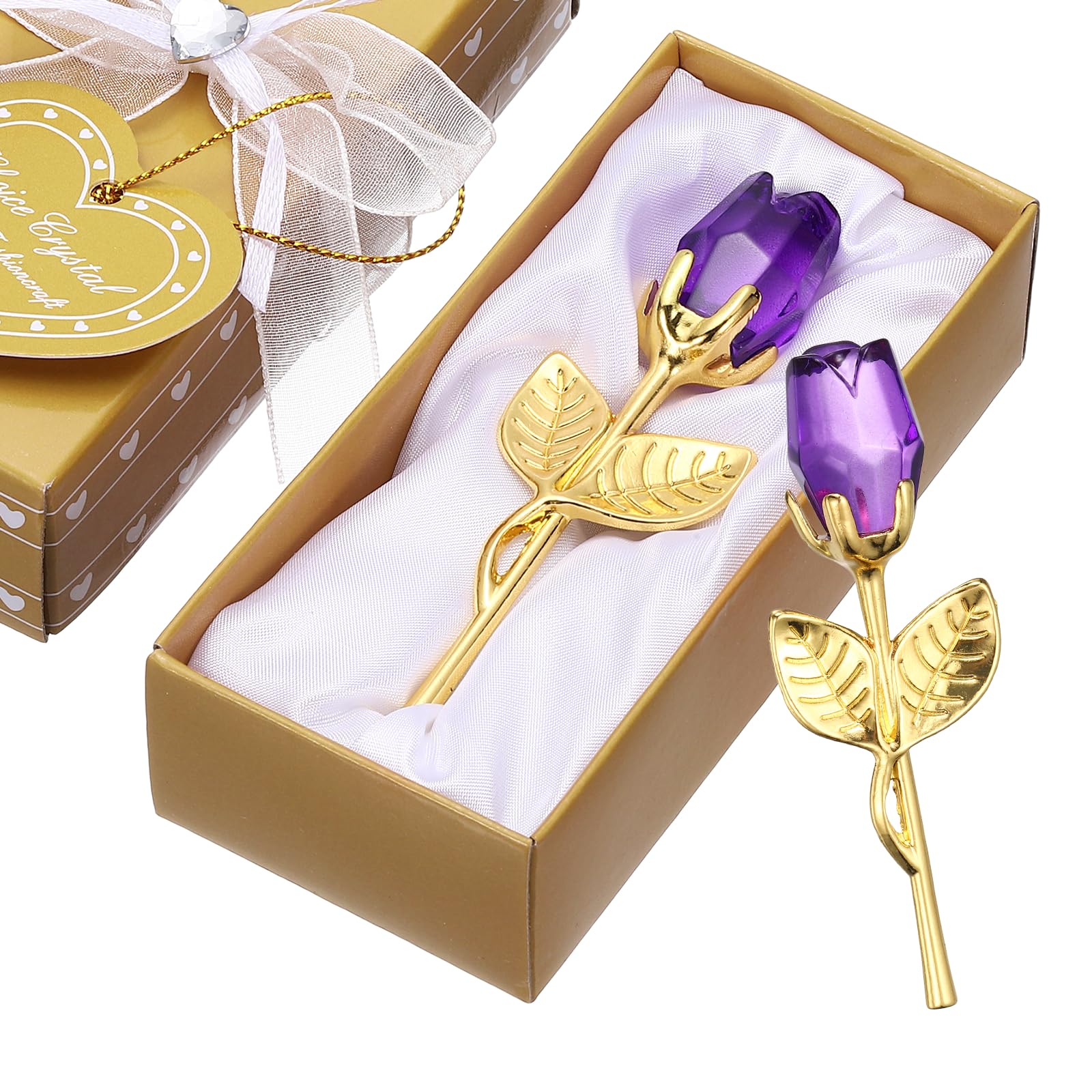sourcing map 2 Pcs Mini Crystal Rose with Box, Romantic Crystal Rose Flowers Rose Gifts for Birthday Valentine's Day Gifts, Purple&Gold