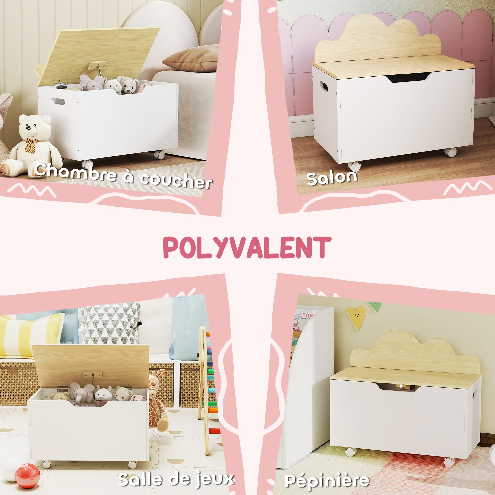 AIYAPLAY Kinderspielzeugtruhe auf Rollen, Kinderaufbewahrungsbox mit Klappdeckel, Sicherheitsscharniere, Spielzeugaufbewahrung für Mädchen und Jungen, 59 x 30 x 53 cm, weiß
