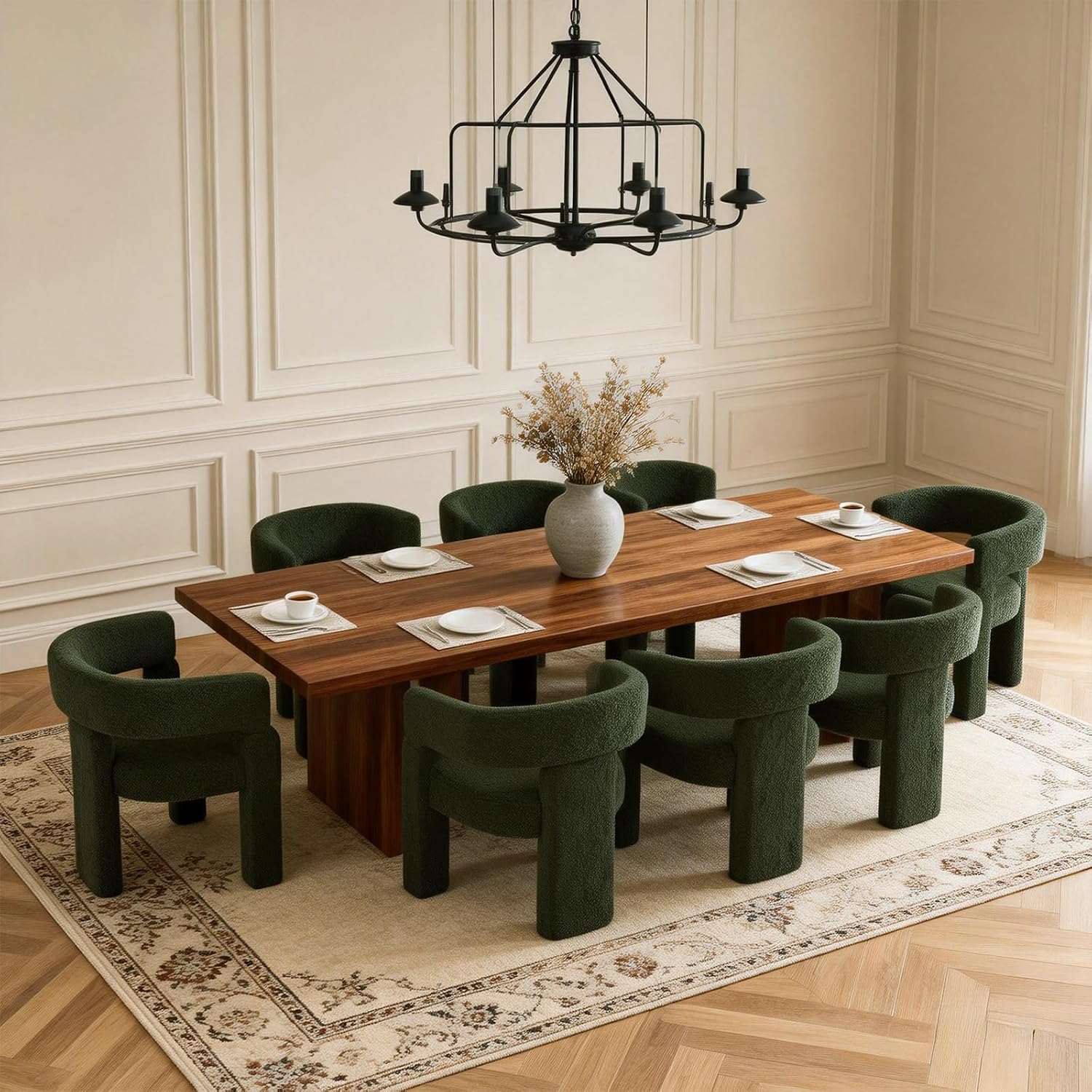 Barrel Dining Chairs Set of 8,Sherpa Boucle Dining Room Chairs with Arms,Side Sitting Chair,Upholstered Makeup Vanity Chair for Dining Room Living Room Bedroom Kitchen Reception,Green