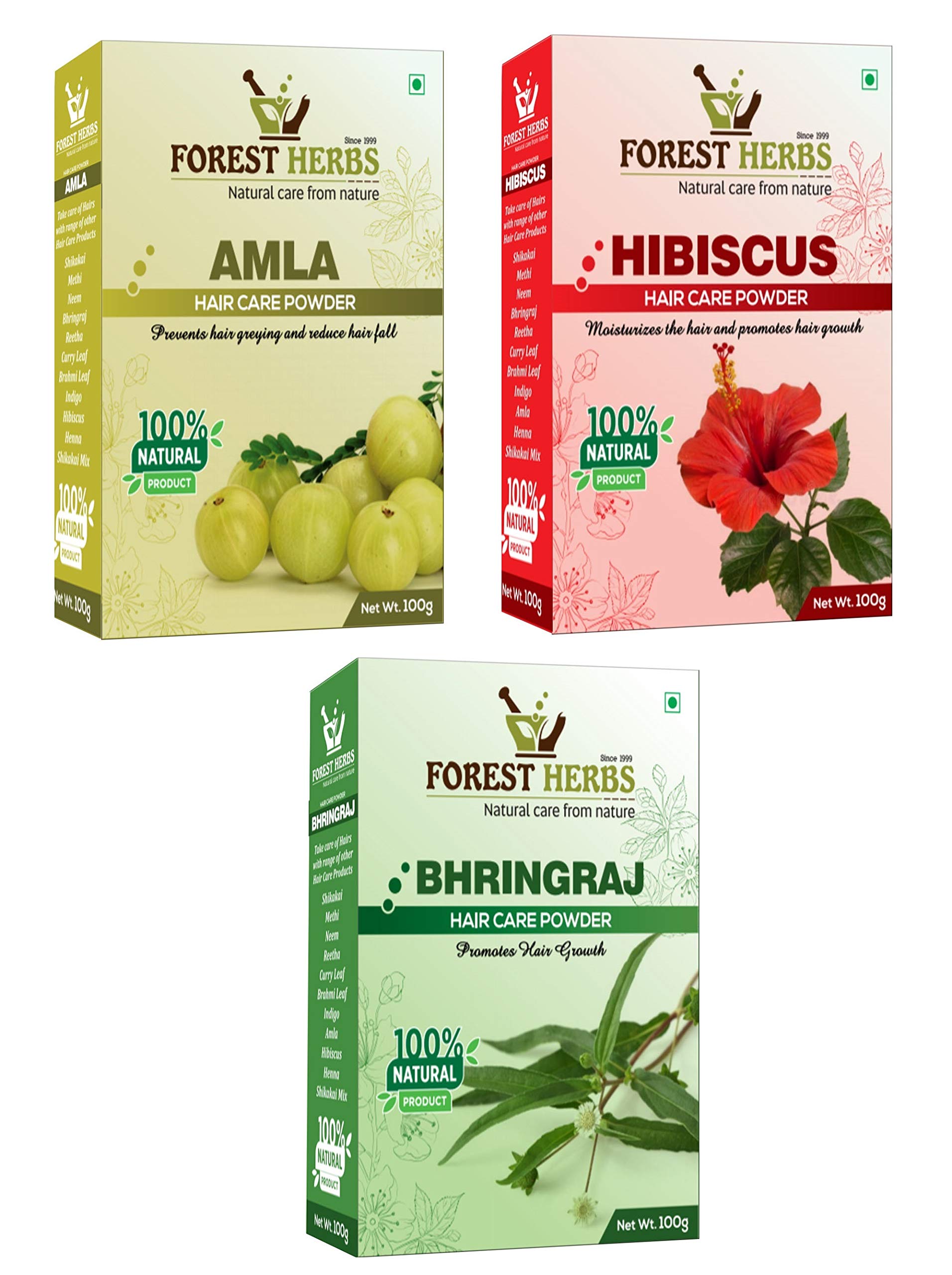 Forest Herbs 100% Organic Amla, Bhringraj, Hibiscus Powder For Hair Pack Of 3 Each 100Gms