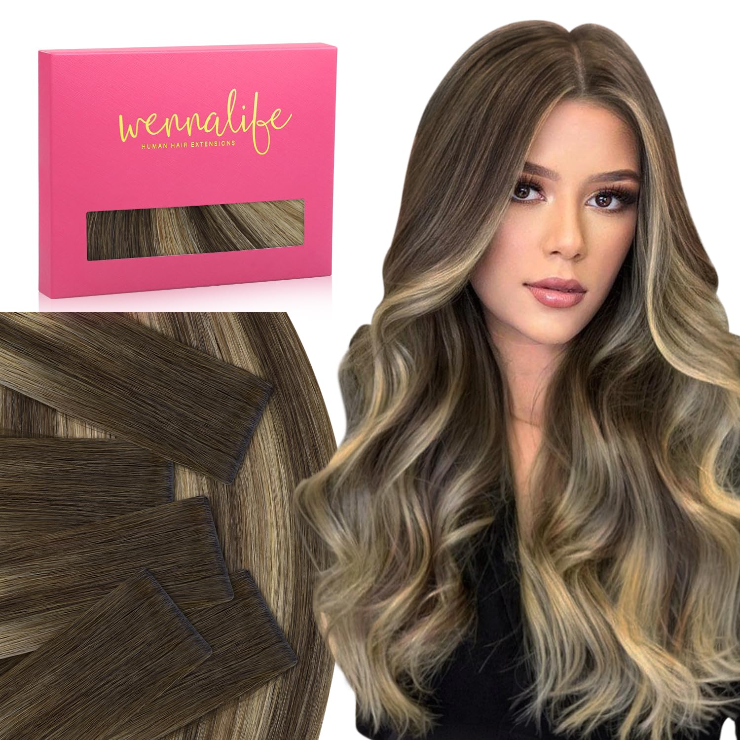 WENNALIFE Invisi Edge Tape in Hair Extensions Human Hair, 14 Inch 25g 10pcs Balayage Chocolate Brown to Caramel Blonde Invisible Luxury Remy Hair