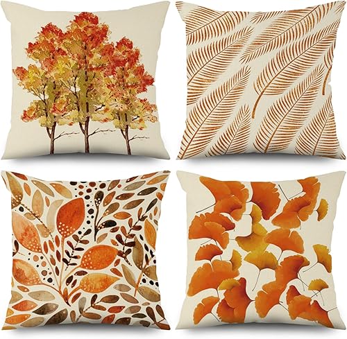 Baocicco Juego de 4 fundas de almohada de lino con hojas de otoño de 20 x 20 pulgadas, diseño de hojas de arce y palmera de otoño y ginkgo biloba,