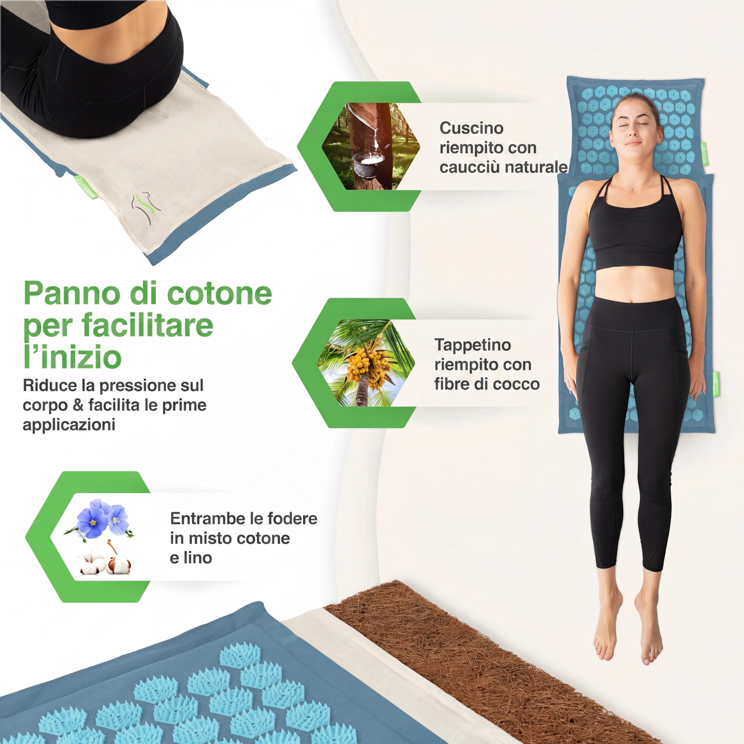 BACKLAXX® Tappetino Agopressione con Cuscino, Tappeto Agopressione Schiena | Set tappetino massaggiante: cuscino, panno, cuscino lombare, borsa, tappetino digitopressione in mezzo lino