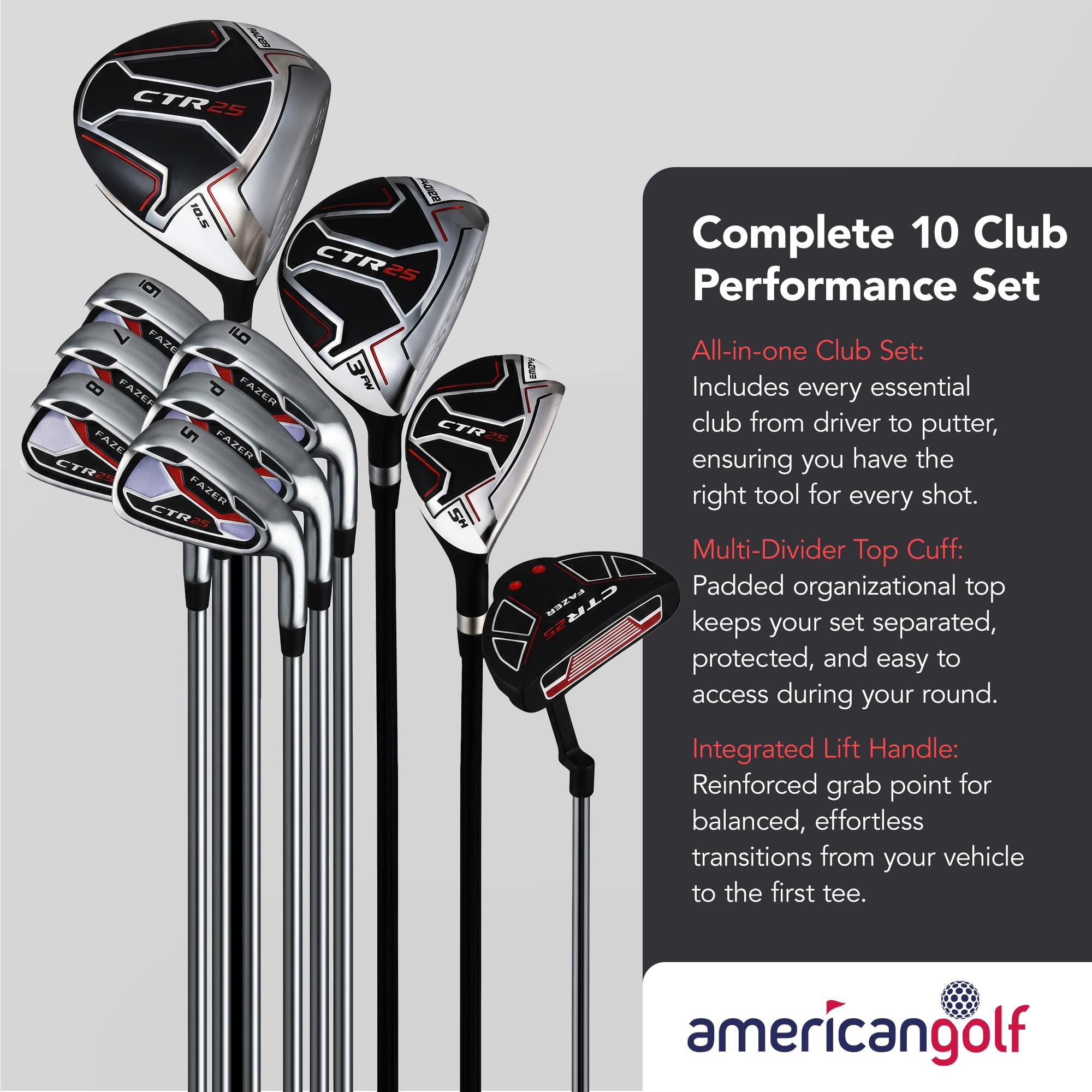 Fazer CTR25 - Set da golf da uomo, destrorsi, in legno da fairway, ibrido, ferri oversize, putter, mazza da golf, borsa con supporto, set completo di mazze da golf per principianti e giocatori