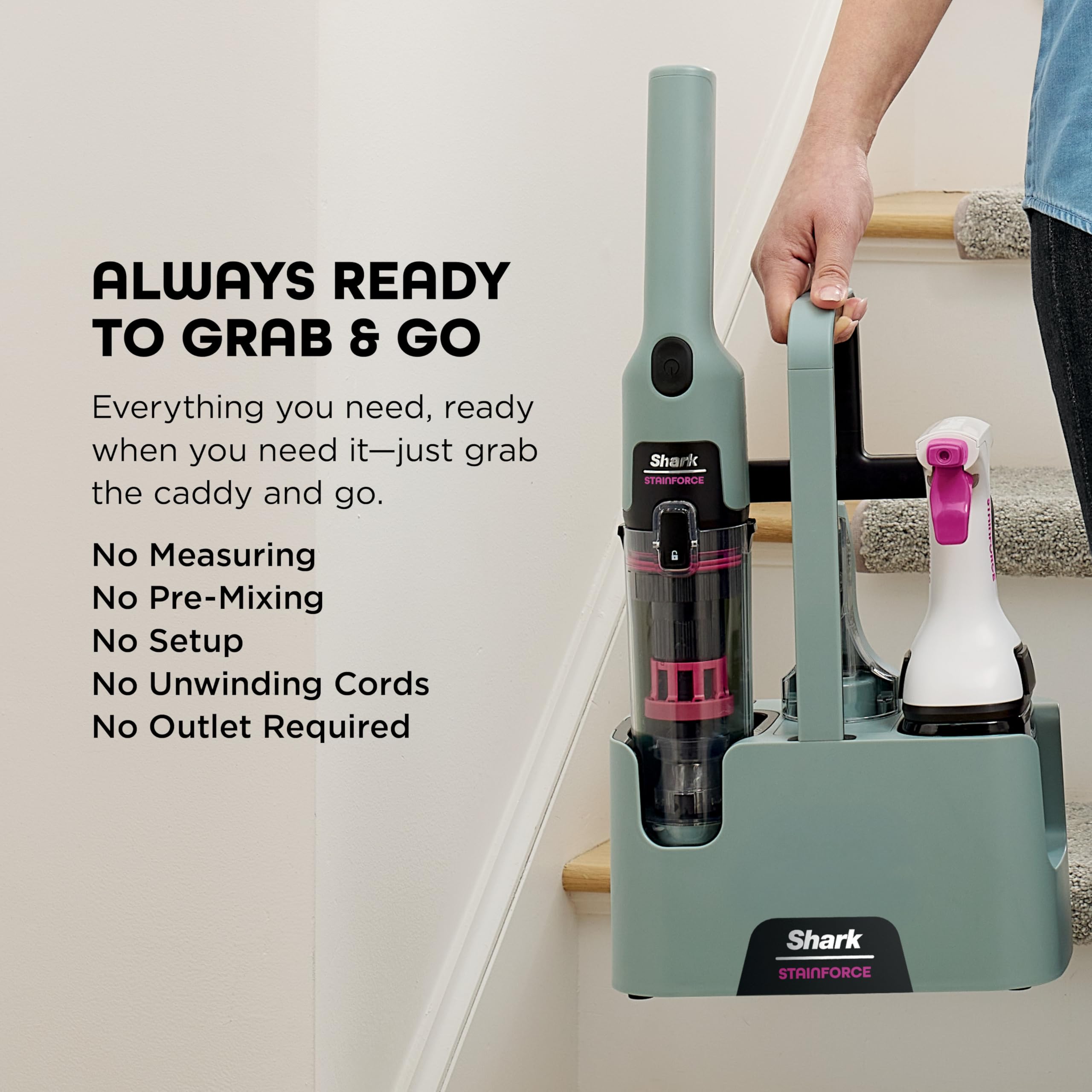 Shark StainForce Cordless Portable Spot, Stain, & Odor Remover System for Carpets, Area Rugs, Upholstery, Stairs, with Storage Caddy, Accessories, and Full-Size Cleaning Solution, HX101 (New) - 4