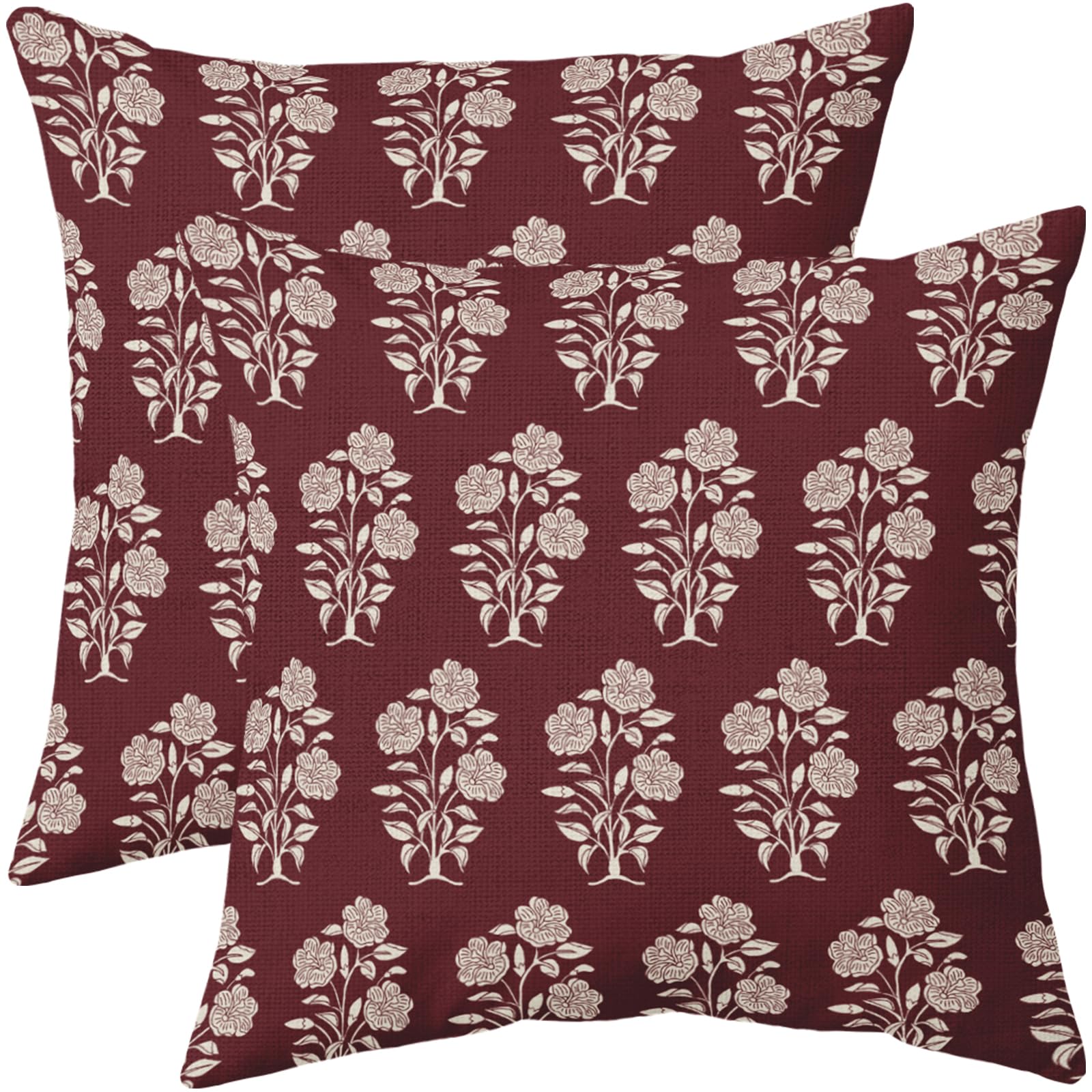 Burgundy Red Floral Pillow Covers 20x20 Set of 2 Block Print Cream Vintage Flower Leaves Chinoiserie Outdoor Decorative Throw Pillows Farmhouse