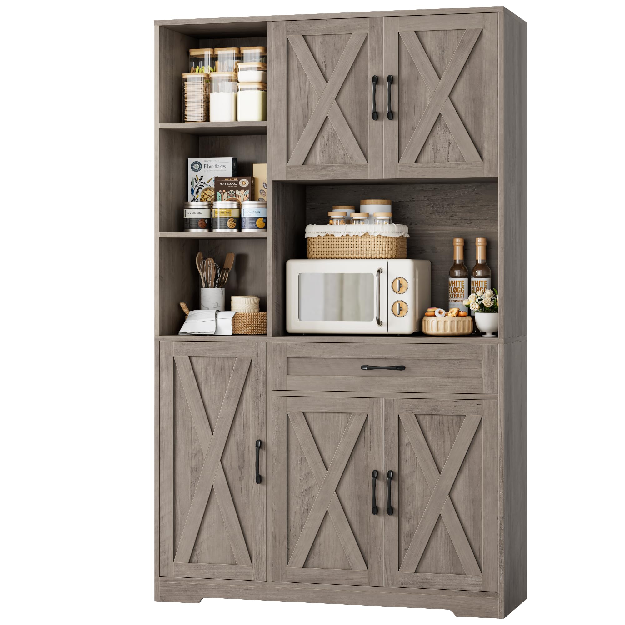 HOSTACK 71" Tall Kitchen Pantry Storage Cabinet, Farmhouse Food Pantry Cabinet with Microwave Stand, Barn Doors Kitchen Hutch Cabinet with Large Drawer and Shelves for Dining Room, Ash Grey