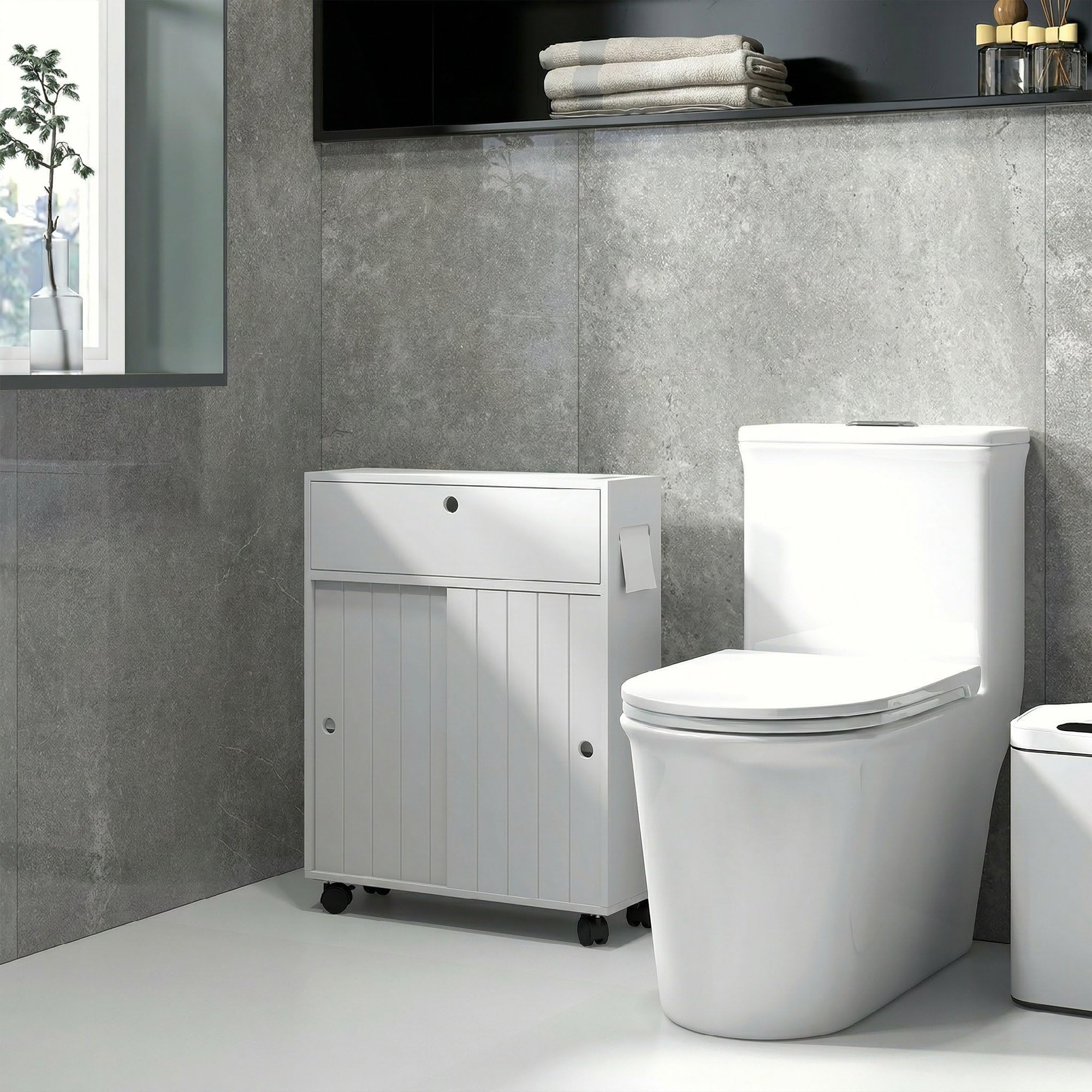 kleankin Mobile Bagno Stretto con Ruote e Ante Scorrevoli, Mobiletto Bagno Salvaspazio con Ripiani Regolabili e 2 Aperture per Carta Igienica, Ideale per Spazi Ridotti, 52x17x67 cm, Bianco